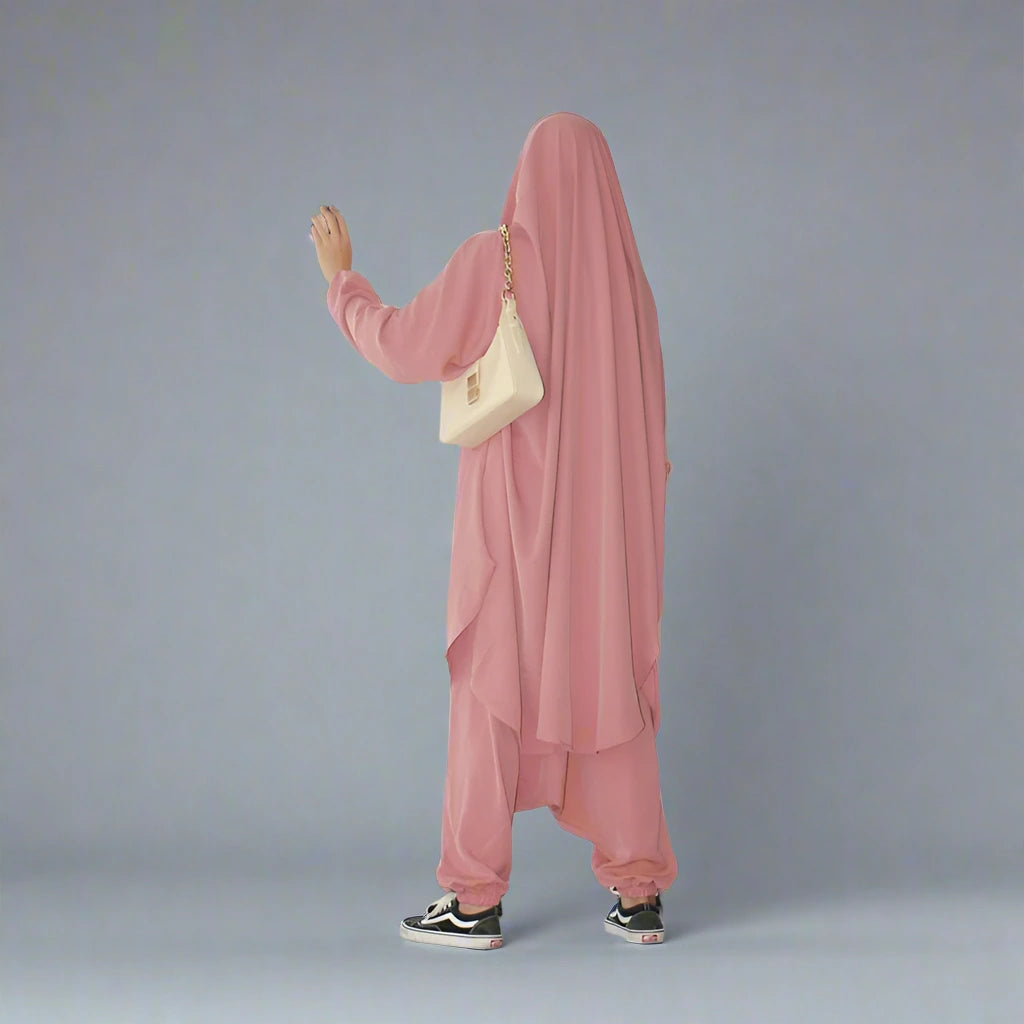 Modest Muslim Women's Jilbab Set with Matching Tops, Robe & Pants - Islamic Prayer Outfit for Home & Mosque Wear