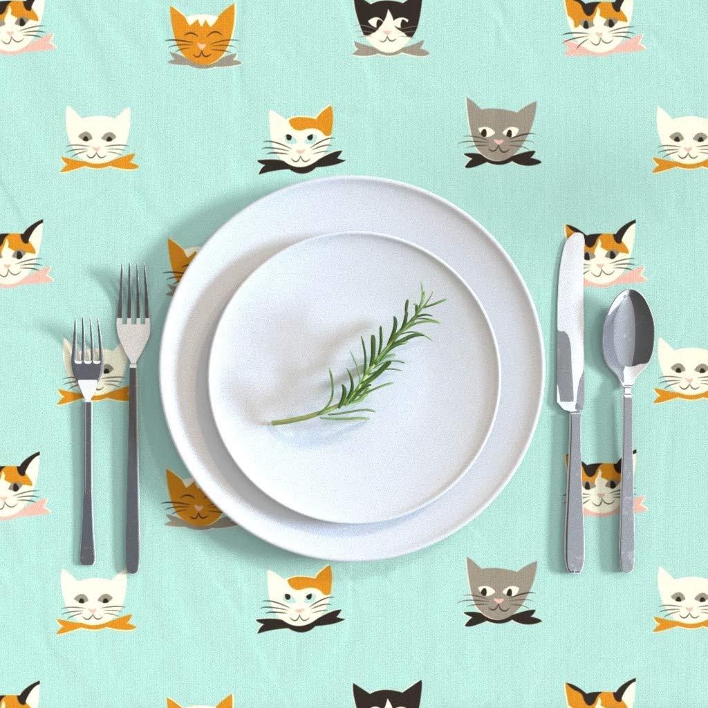 Vintage Kitties Cotton Sateen Tablecloth 70x90 Inches - Retro Cat Print Kitchen Dining Decor, Mid Century Style Gender Neutral Table Linens for Home, Parties & Baby Showers