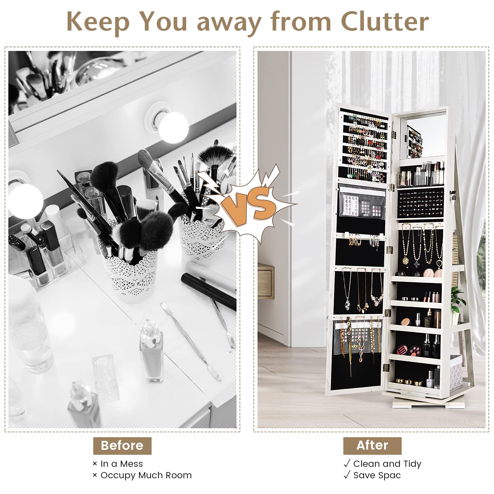 360° Rotating Jewelry Cabinet with Lock - Standing Jewelry Organizer with Full Length Mirror & Storage Shelves | Large Capacity Jewelry Armoire for Bedroom | Perfect for Closet Organization & Dressing Room Decor