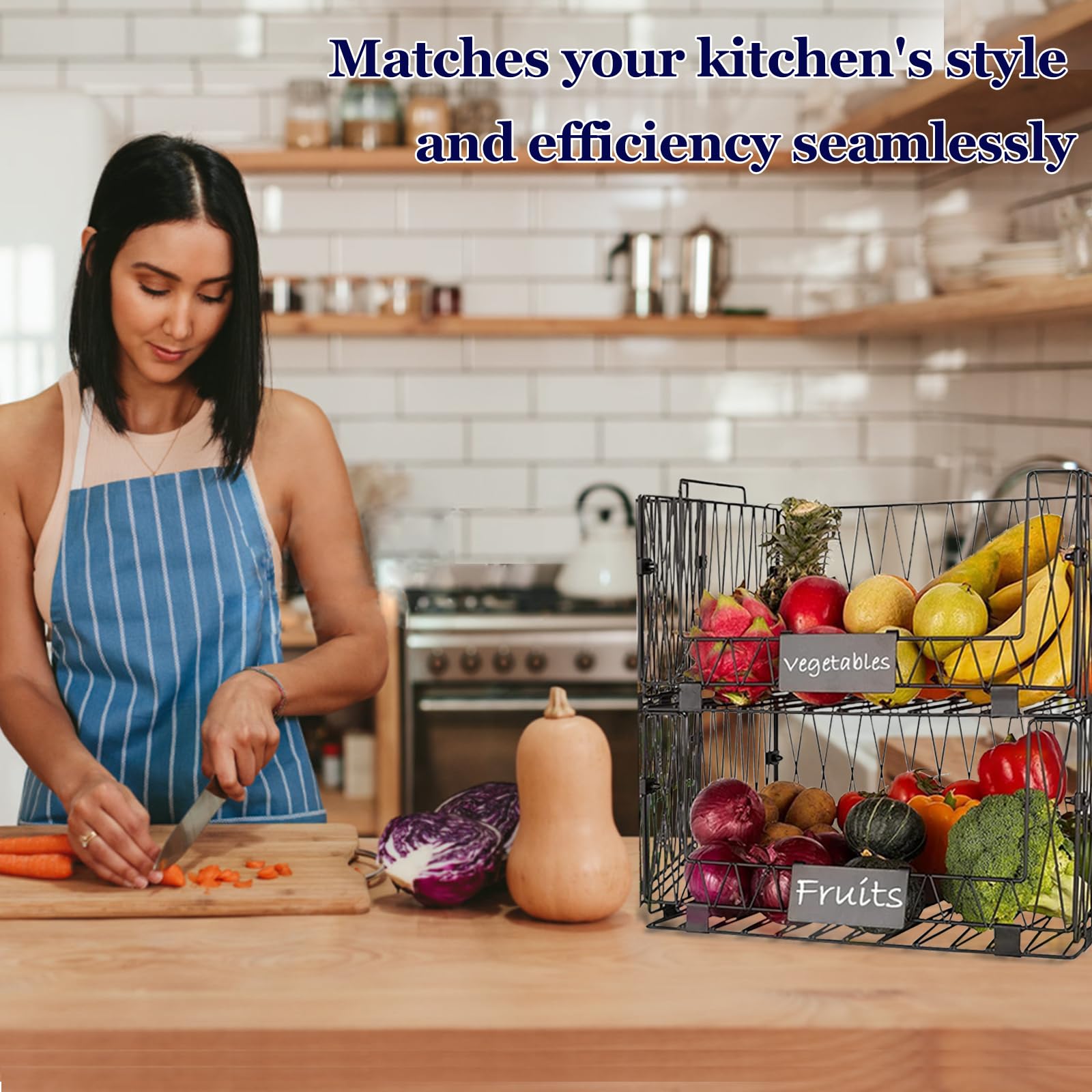 4-Pack XXL Kitchen Storage Baskets - Stackable Wire Pantry Organizers for Fruits, Vegetables, Snacks, Onions & Potatoes | Perfect for Kitchen Cabinets, Countertops & Pantry Organization