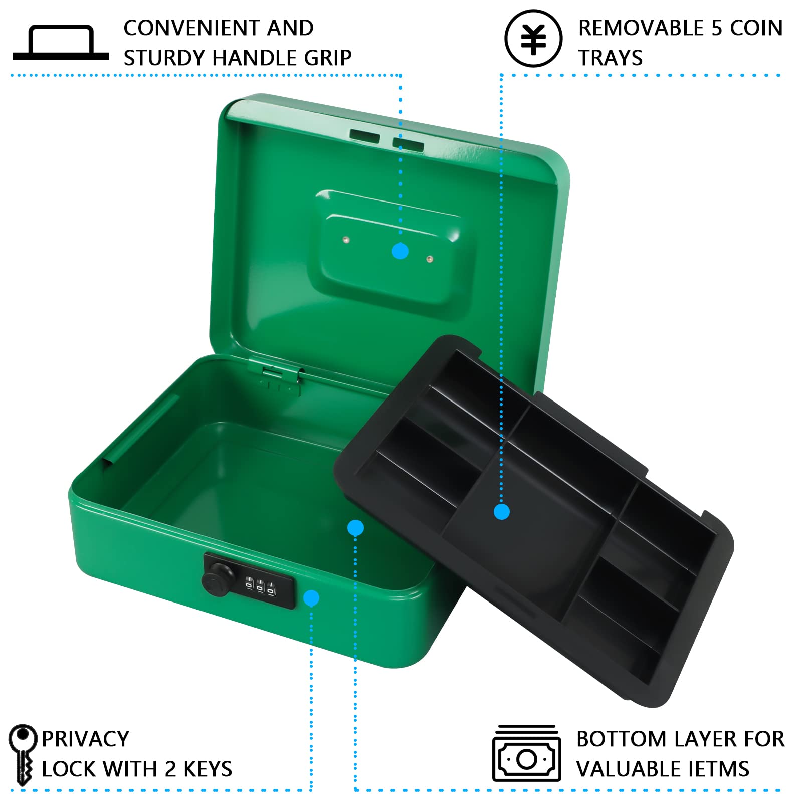 KYODOLED Large Cash Box with Combination Lock - Heavy Duty Metal Money Safe with Removable Tray (9.84x7.87x3.54 Inch) - Secure Storage for Cash, Valuables & Documents - Ideal for Home, Office, Retail Stores & Small Businesses (Green)