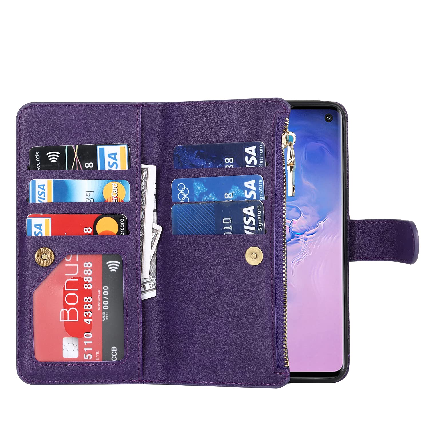 Samsung Galaxy S10 Wallet Case - Leather Flip Cover with 9 Card Slots, Zipper Coin Pocket & 2 Cash Slots - Includes Lanyard (Purple) - Perfect for Travel, Shopping & Everyday Use