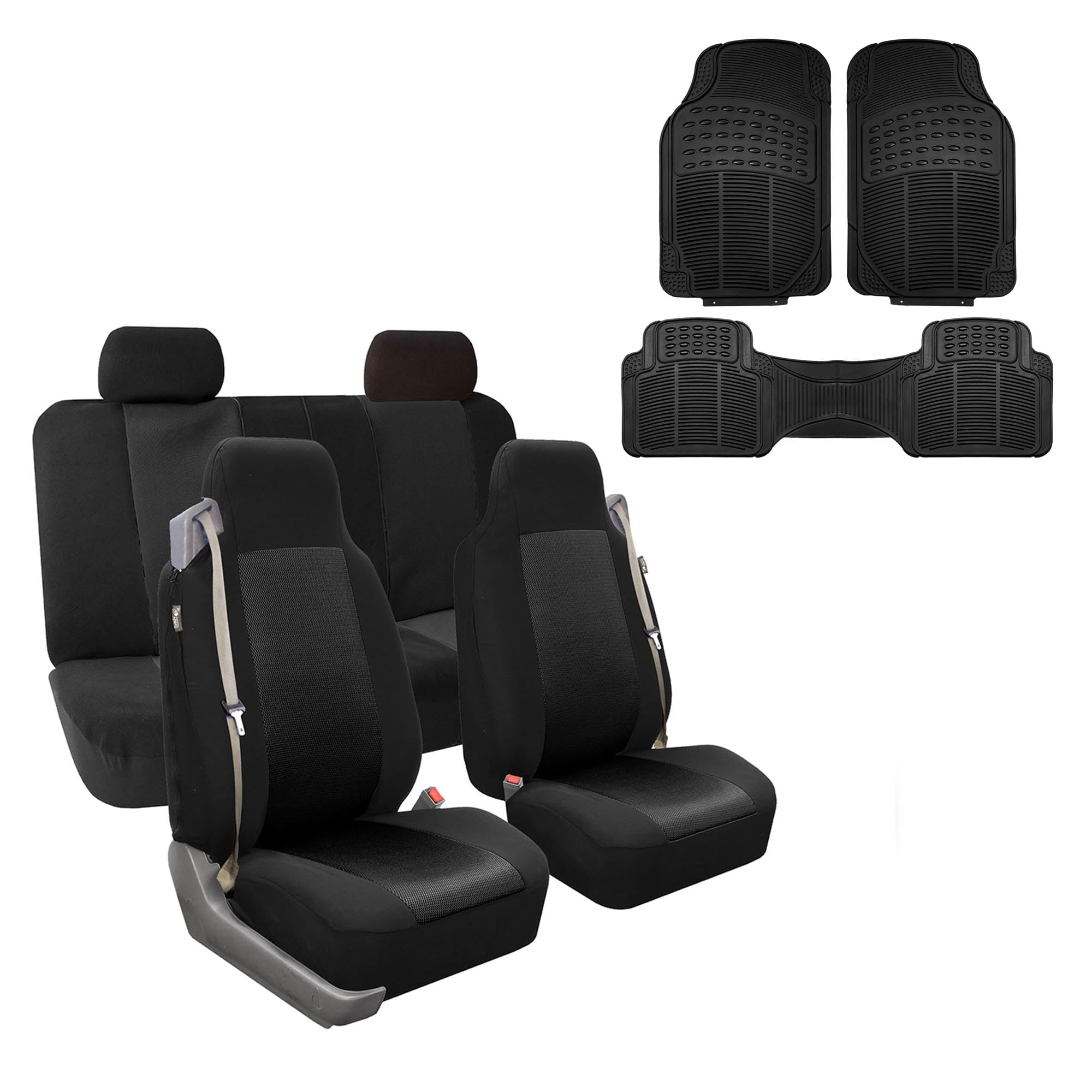 FH Group FH-FB302114 Universal Flat Cloth Car Seat Covers - Solid Black with F11306 Vinyl Floor Mats - Fits Most Cars, Trucks, SUVs & Vans | Perfect for Daily Commute, Road Trips & Vehicle Protection