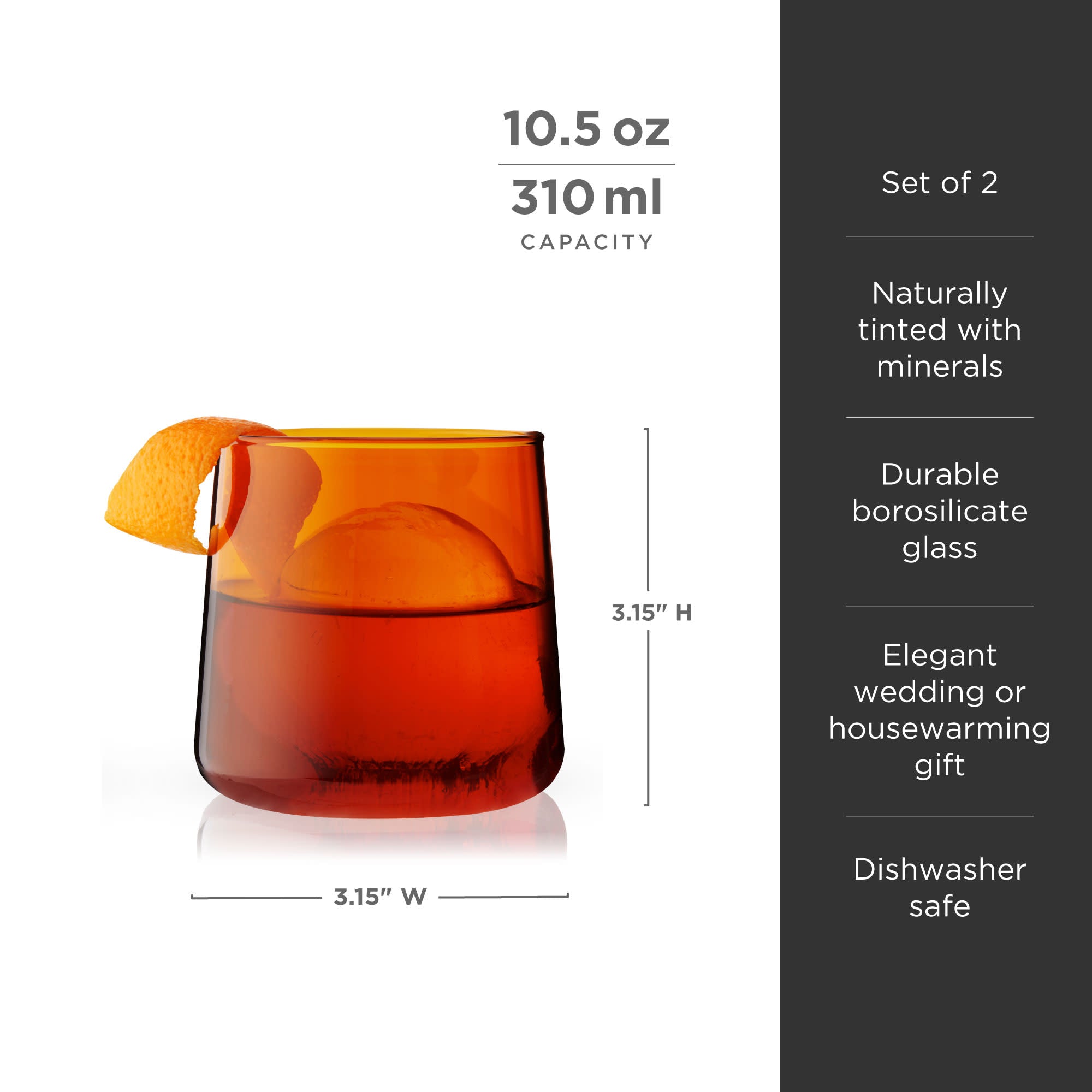 Aurora Amber Cocktail Glasses Set of 2 - Elegant Whiskey Tumbler for Bourbon, Scotch & Cocktails - Perfect for Home Bar, Parties & Gifts