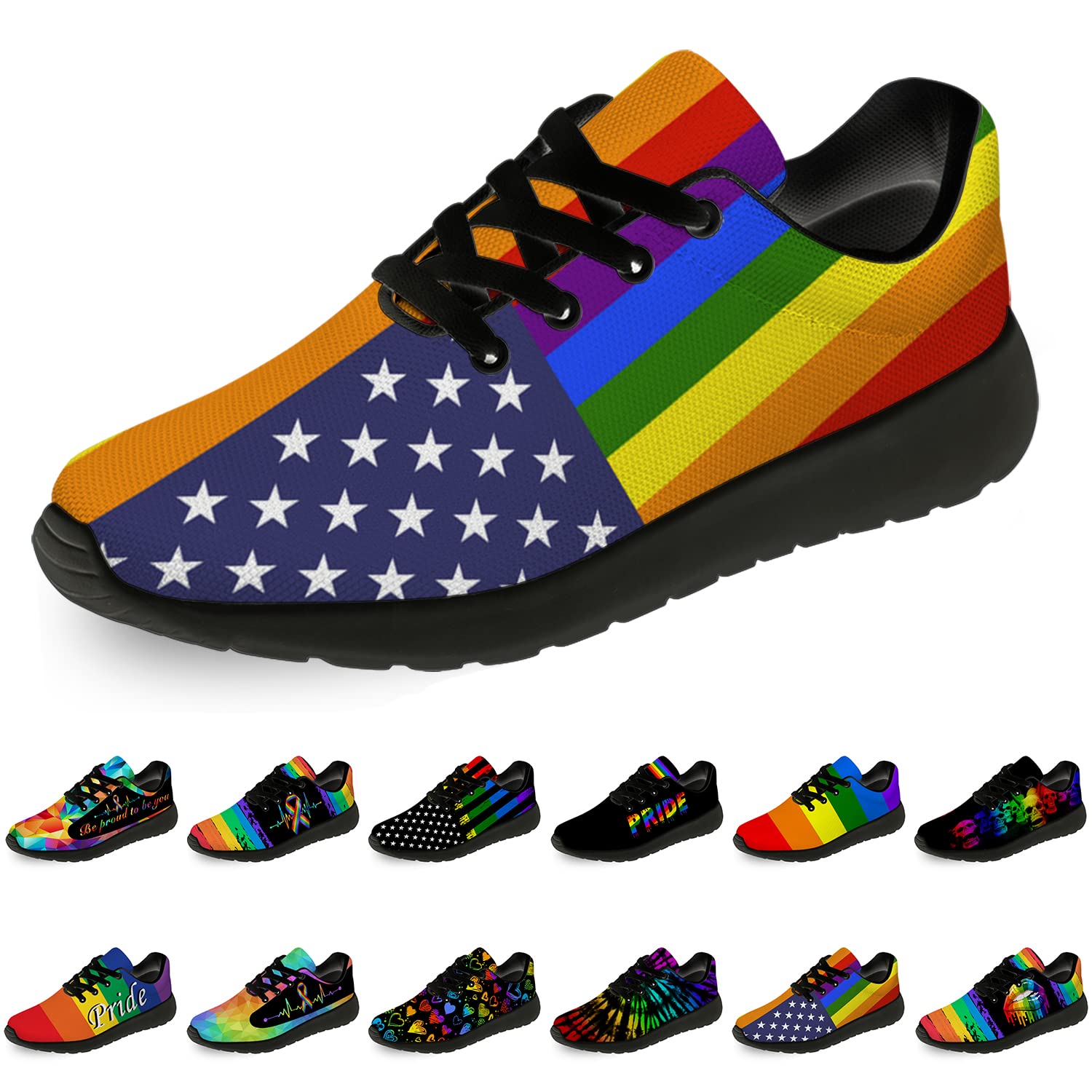 Rainbow Flag LGBTQ Pride Running Shoes for Women & Men - Lightweight Walking Tennis Sneakers with Gay Lesbian LGBT Support - Size 3.5 Men/5.5 Women Black - Perfect for Pride Parades, Workouts & Casual Wear