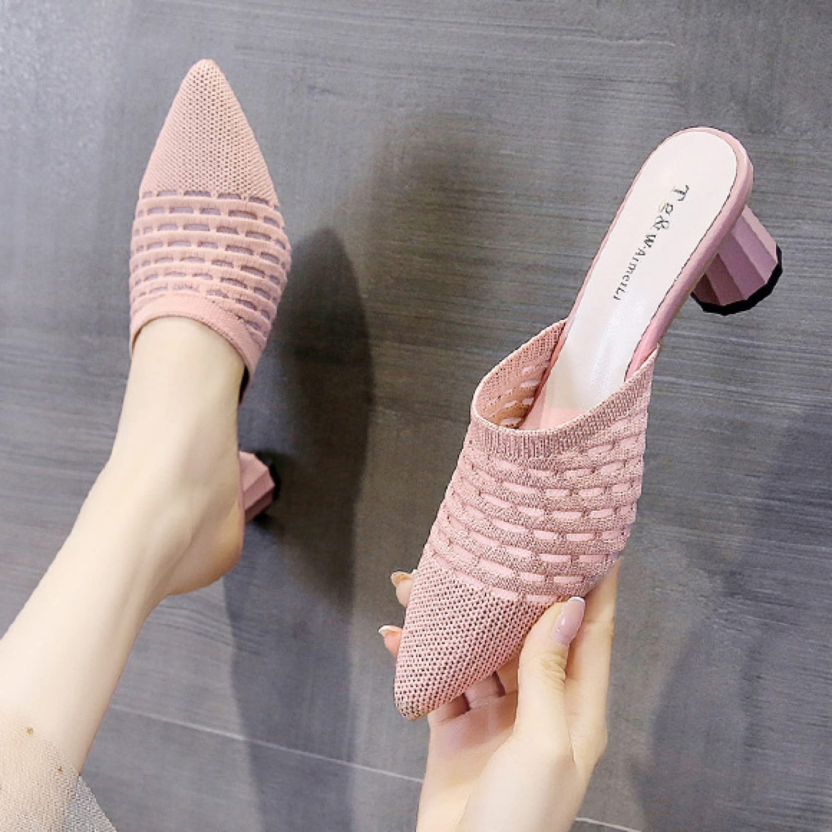 Women's Chunky High Heel Mules - Breathable Mesh Knit Slingback Dress Shoes for Party & Evening Wear | Comfortable Women's Fashion Mule Sandals for Weddings, Date Nights & Special Occasions