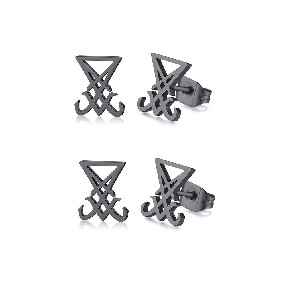 Lucifer Sigil Stud Earrings - Stainless Steel Satanic Symbol Ear Plugs for Men & Women (Black, 2-Piece) | Gothic Jewelry for Alternative Fashion & Occult Accessories