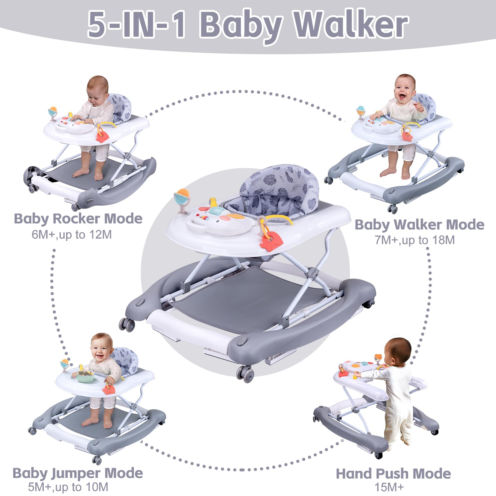 5-in-1 Foldable Baby Walker with Detachable Trampoline Mat - Adjustable Speed Wheels & Height for 6-18 Months (Grey) | Baby Bouncer, Rocker, Activity Center & Push Walker | Perfect for Playtime, Learning to Walk & Indoor Entertainment