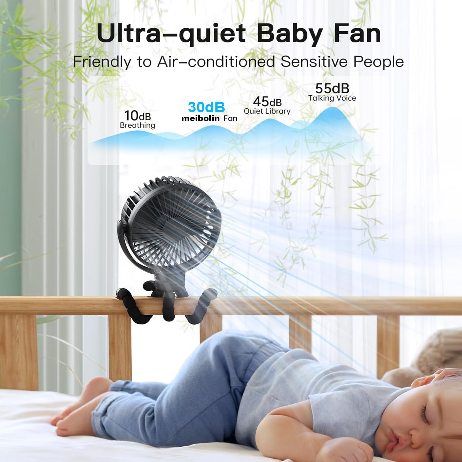 Meibolin Rechargeable Stroller Fan for Baby - Portable 3-Speed Handheld Fan with Flexible Tripod, Ideal for Strollers, Cars, Seats, Cribs, Bikes & Treadmills | Perfect for Outdoor Activities, Travel & Nursery Comfort
