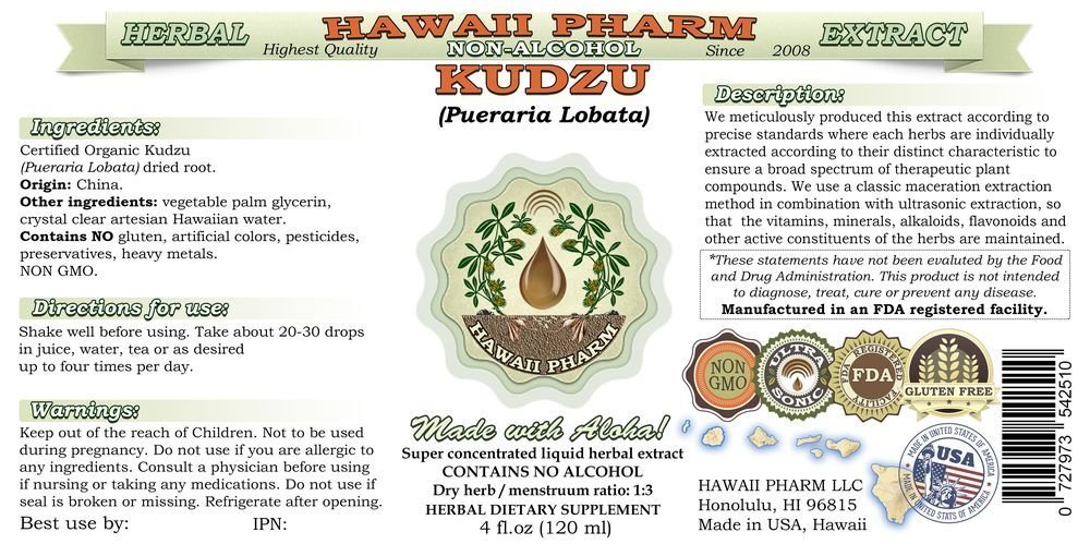Organic Kudzu (Pueraria lobata) Alcohol-Free Liquid Extract - Natural Herbal Supplement by Hawaii Pharm - 4x4 oz Dried Root Glycerite - Supports Relaxation & Heart Health - Perfect for Tea, Smoothies & Wellness Routines