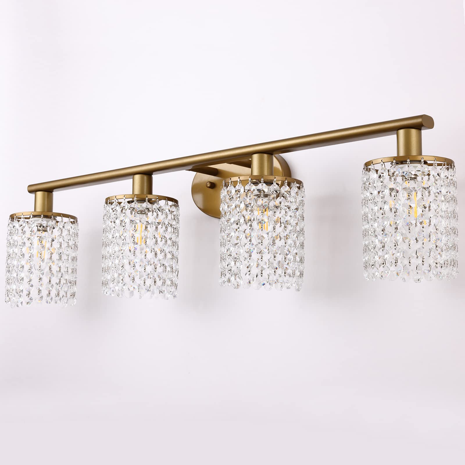 4-Light Crystal Gold Vanity Lights - Modern Wall Sconce Lighting for Bathroom Mirror, Bedroom Dresser & Makeup Area - Elegant Hollywood Style Fixture with Clear Prisms
