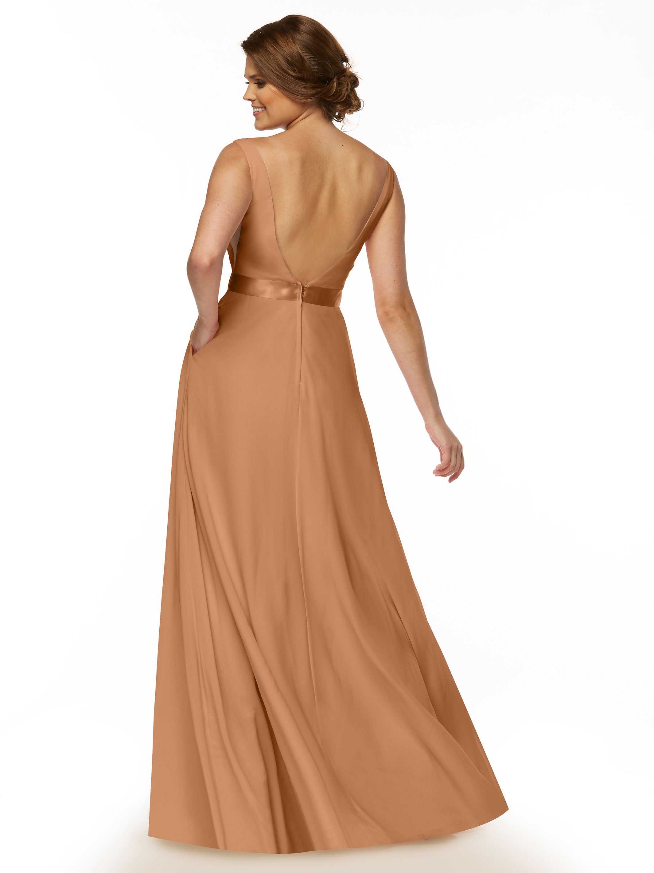 Elegant 80117 Stretch Chiffon A-Line Bridesmaid Dress with V-Neck & Sash - Perfect for Weddings, Formal Events & Special Occasions