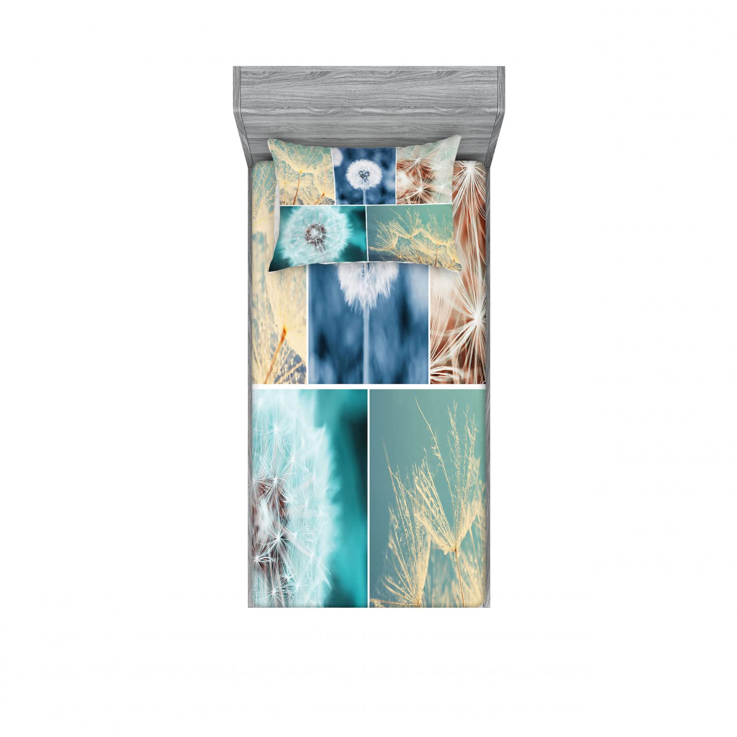 Ambesonne Floral 2-Pack Twin Fitted Sheet & Pillow Sham Set - Dandelion Nature Art Design, 4-Piece Bedding Decor in Blue | Soft & Breathable for Kids Room, Guest Bedroom, or Dorm Essentials