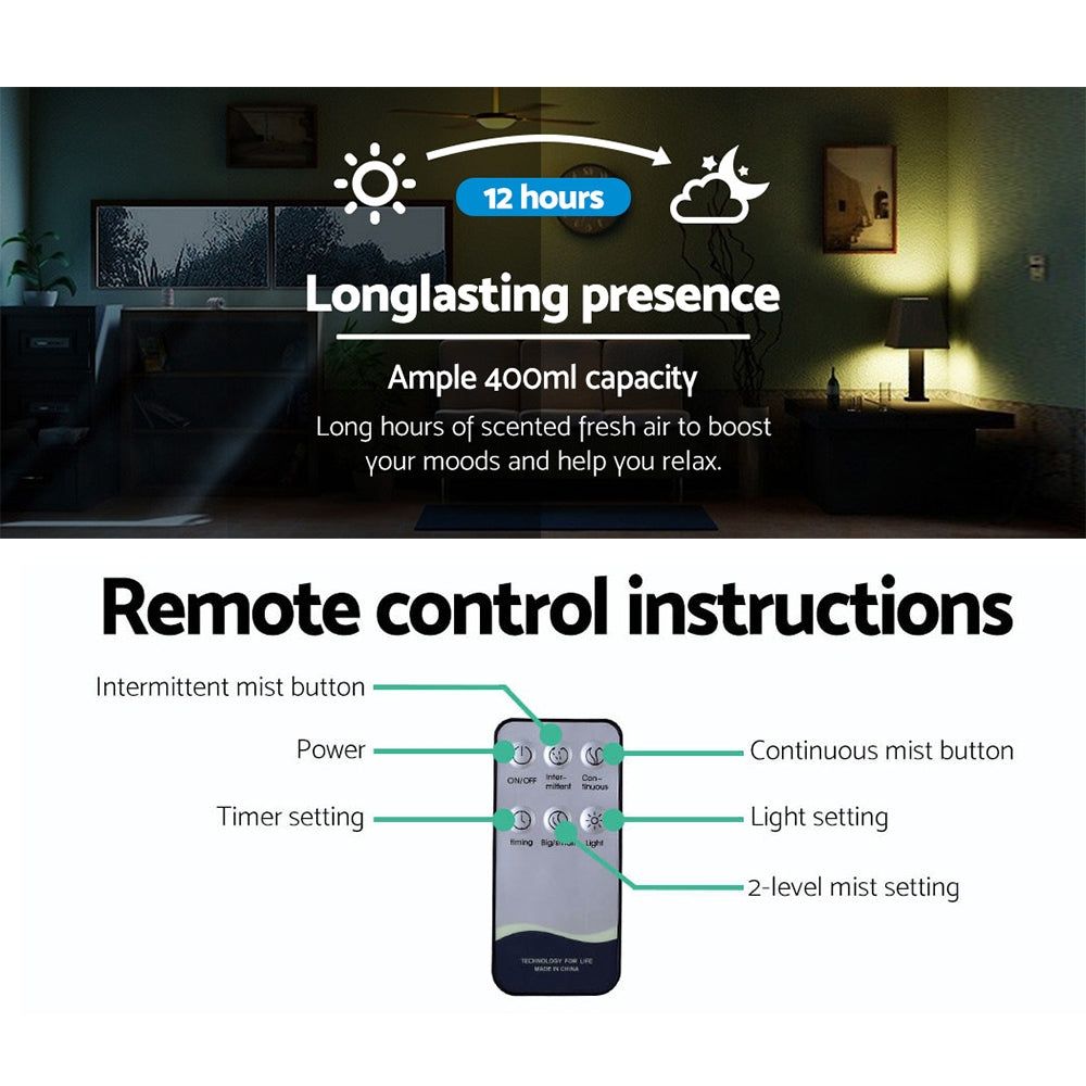 Devanti 400ml 4-in-1 Aroma Essential Oil Diffuser with Remote Control & Wood Grain Design - Perfect for Home, Office, Yoga, and Spa Relaxation