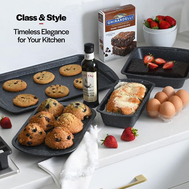 Premium 6-Piece Stackable Non-Stick Bakeware Set - Carbon Steel with Gray Stone Coating for Professional & Home Baking - Perfect for Cakes, Cookies, Bread & Pastries