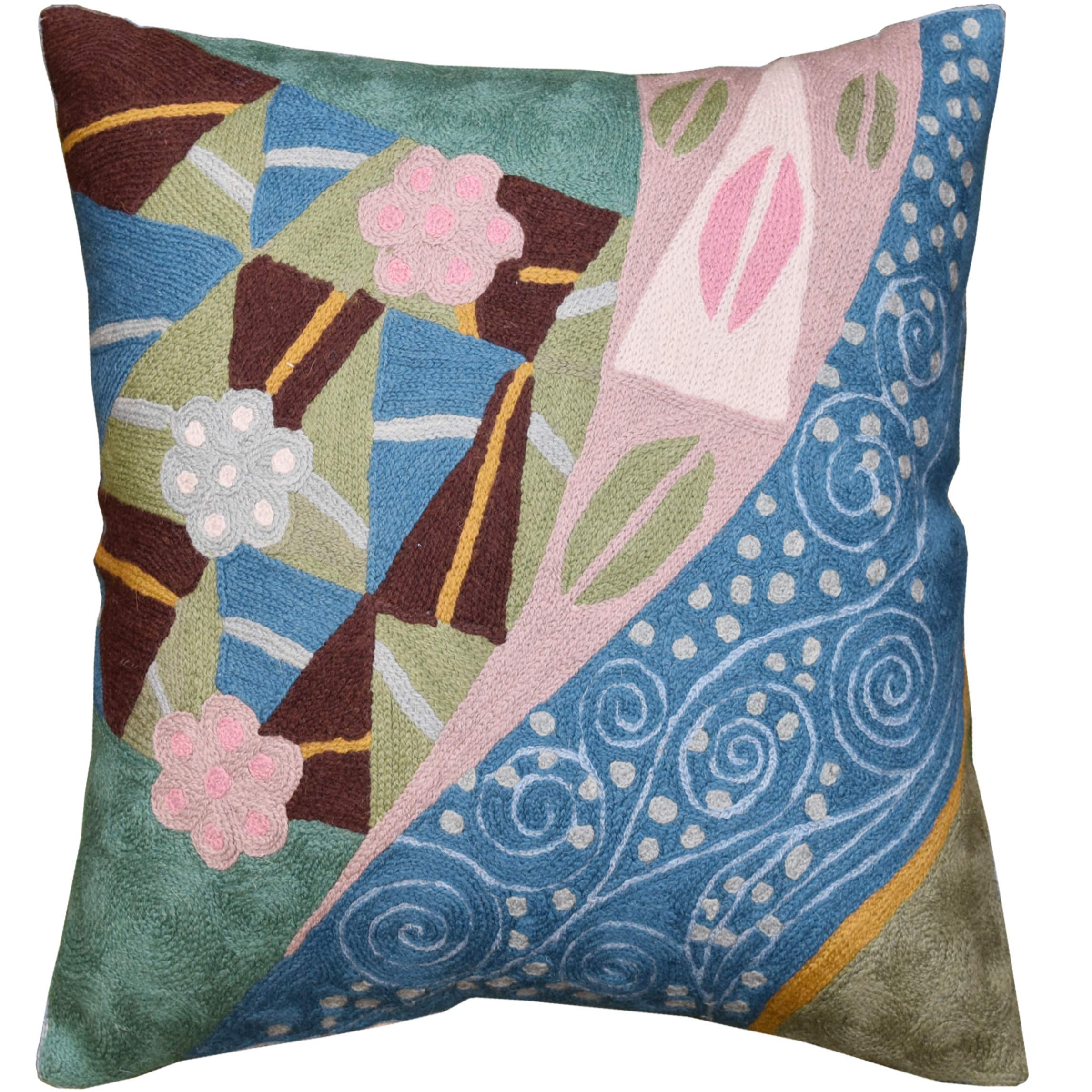Kashmir Designs Klimt Blue Modern Pillow Cover - 18x18 Inch Handmade Wool Abstract Cushion | Farmhouse, Contemporary & Mid-Century Decor | Perfect for Living Room Sofa, Bedroom Accent or Outdoor Patio Furniture