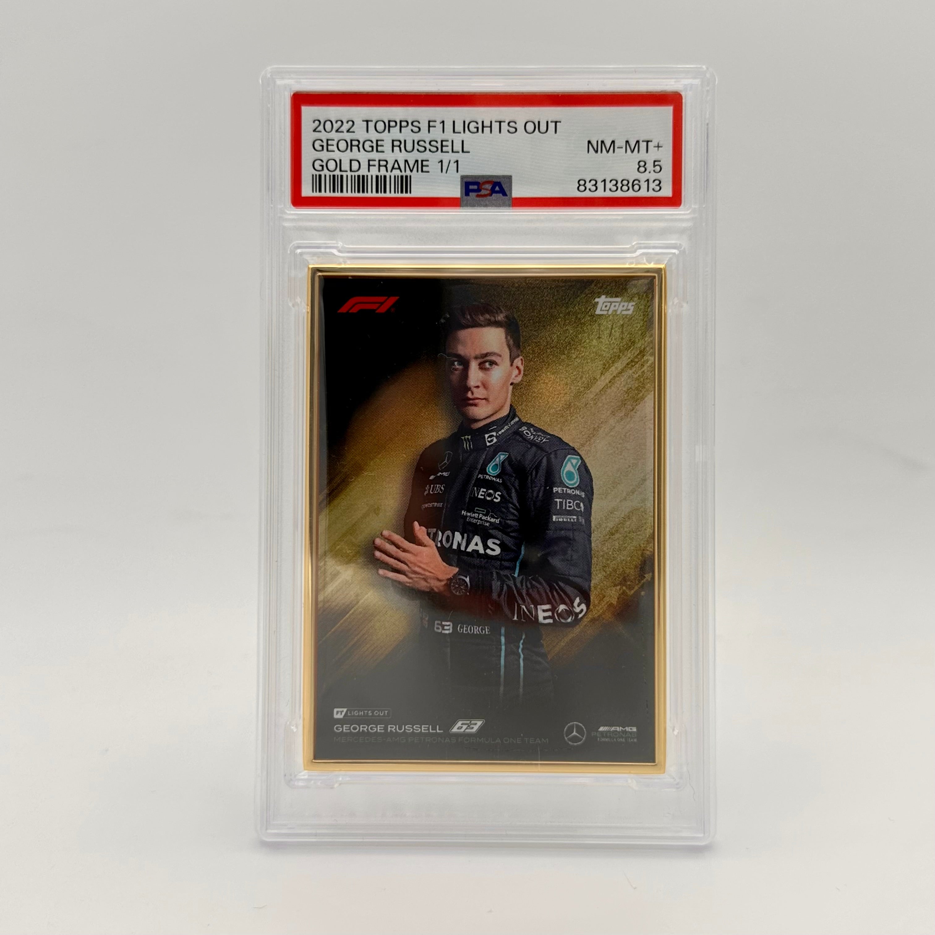 2022 George Russell Lights Out PSA 8.5 Graded Gold Frame Racing Card - Perfect for F1 Collectors & Motorsport Memorabilia Displays