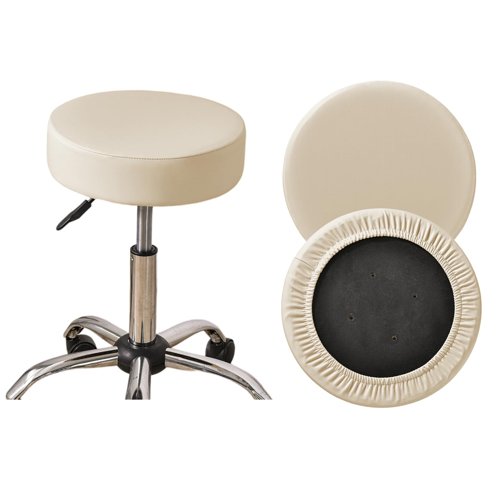 HAOYONG Waterproof Round Bar Stool Covers Set of 2 - Stretch PU Leather Seat Cushion Covers with Non-Slip Bottom for Kitchen, Dining Room & Pub (Beige) | Perfect for Home Decor, Restaurant Seating & Bar Counter Protection
