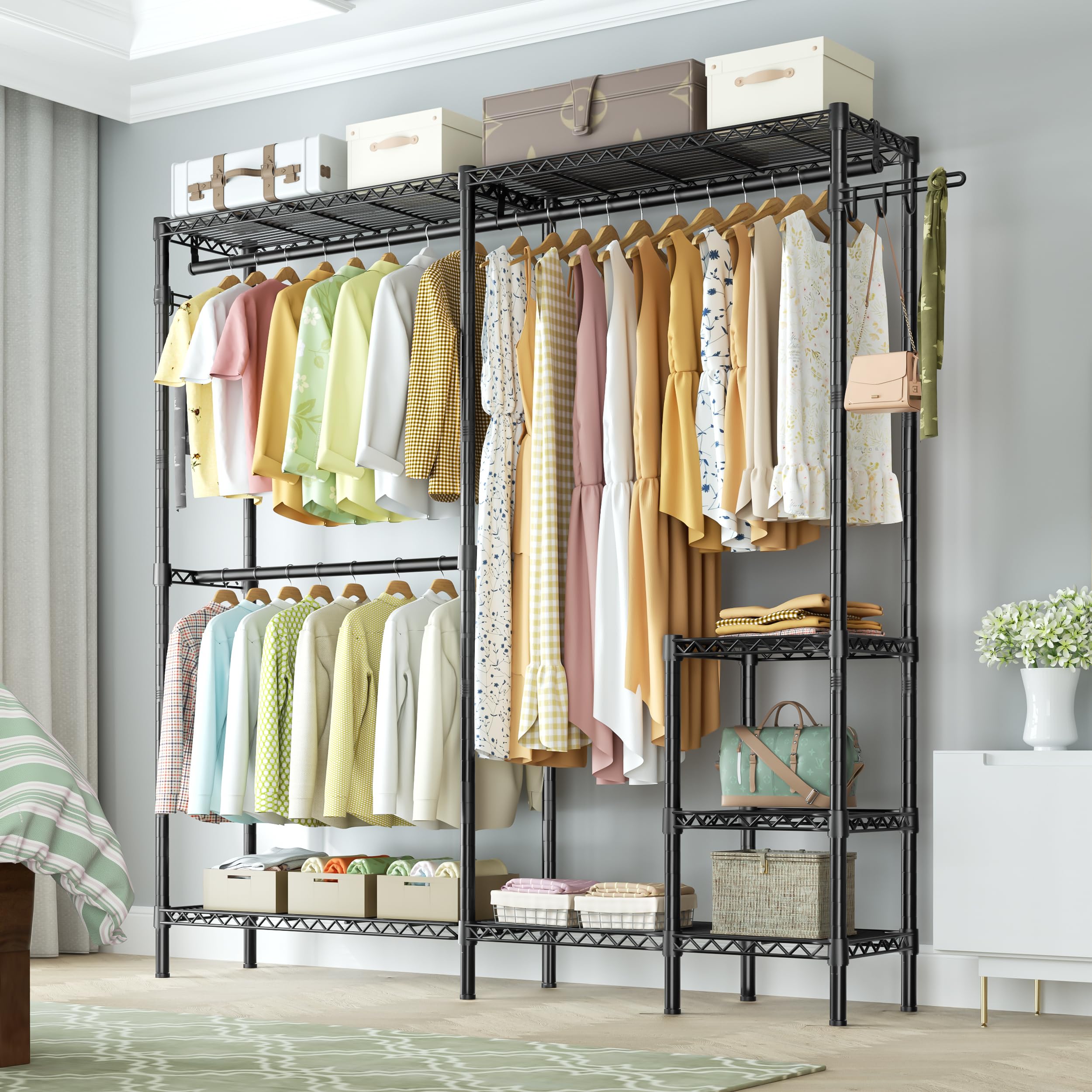 Heavy Duty Metal Clothes Rack - 4 Tier Adjustable Garment Rack with 3 Hanger Rods & 2 Hooks, 800lbs Capacity Freestanding Wardrobe System for Bedroom, Closet Organization & Laundry Room Storage