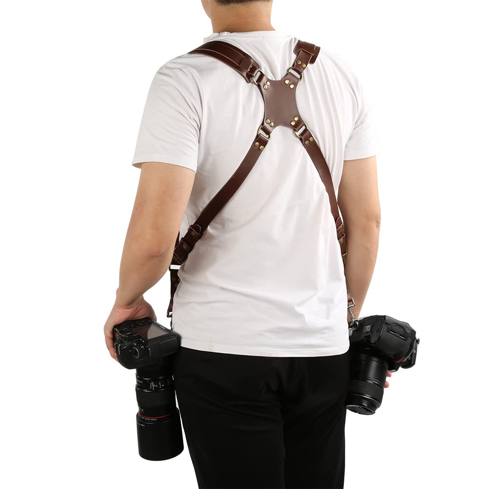 Double Camera Strap - Adjustable Leather Shoulder Harness for Two DSLR Cameras | Perfect for Wedding Photographers & Travel Vlogging