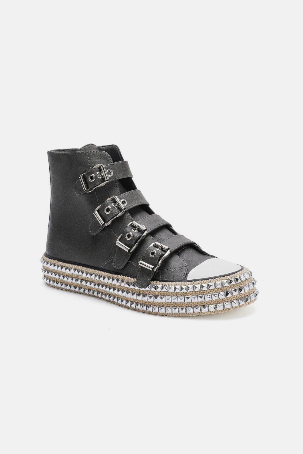 Beast Fashion Black Studded Multi-Buckle Straps Platform Sneakers for Women - Edgy Gothic Streetwear & Punk Fashion Shoes for Concerts, Parties & Night Out