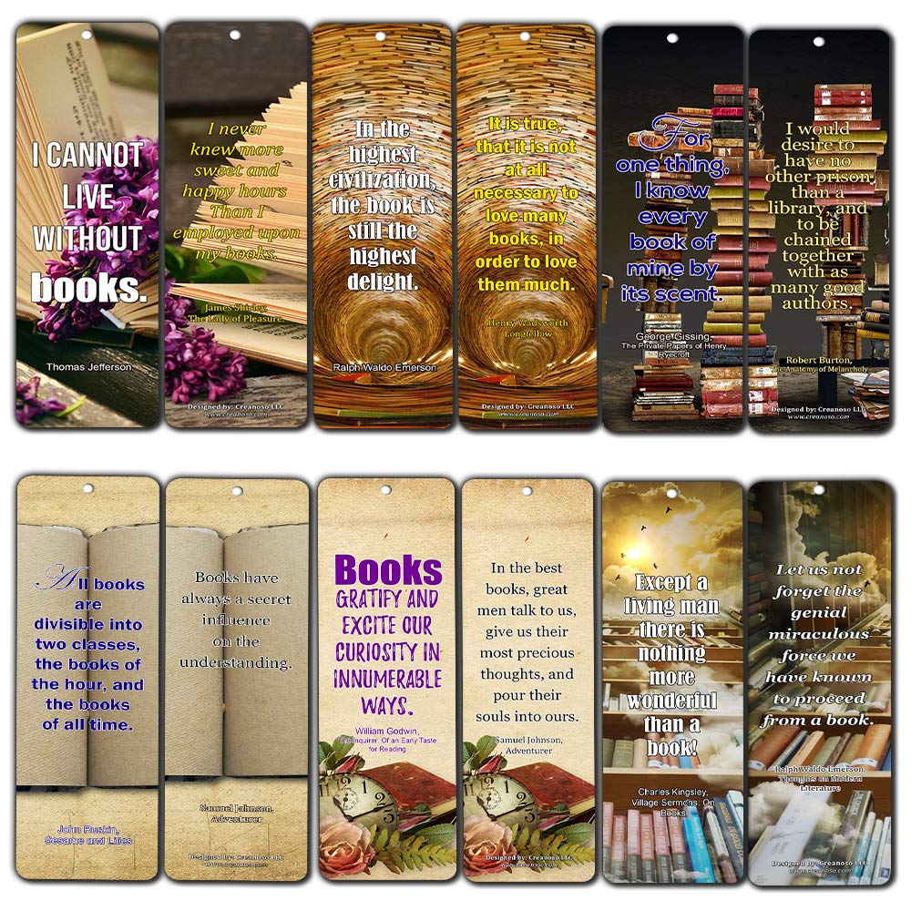 Creanoso Inspirational Avid Reader Bookmarks (12-Pack) - Premium Literary Quote Bookmark Gift Set for Book Lovers - 6 Unique Designs - Perfect for Reading, Book Clubs & Gifts