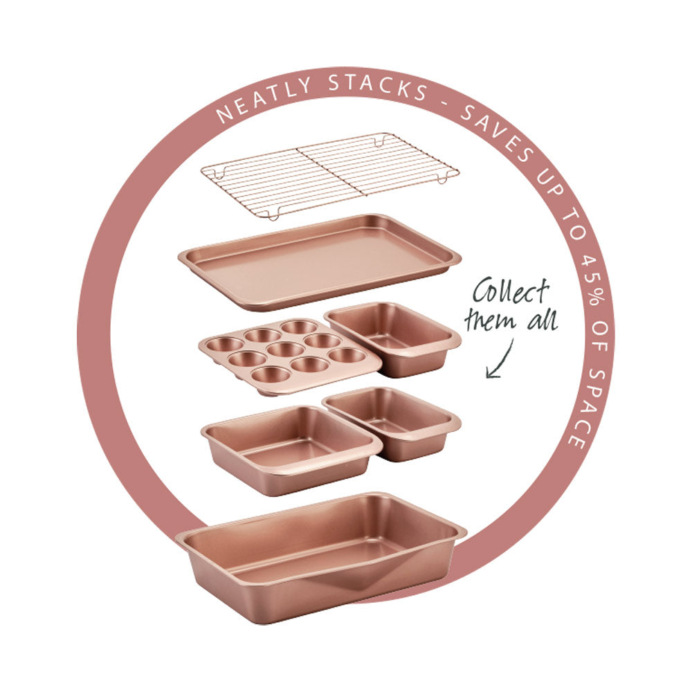 Rose Gold Smart Stack Cookie Sheet Set - Nonstick Baking Pans for Cookies, Cakes & Pastries - Perfect for Home Baking, Parties & Gifts