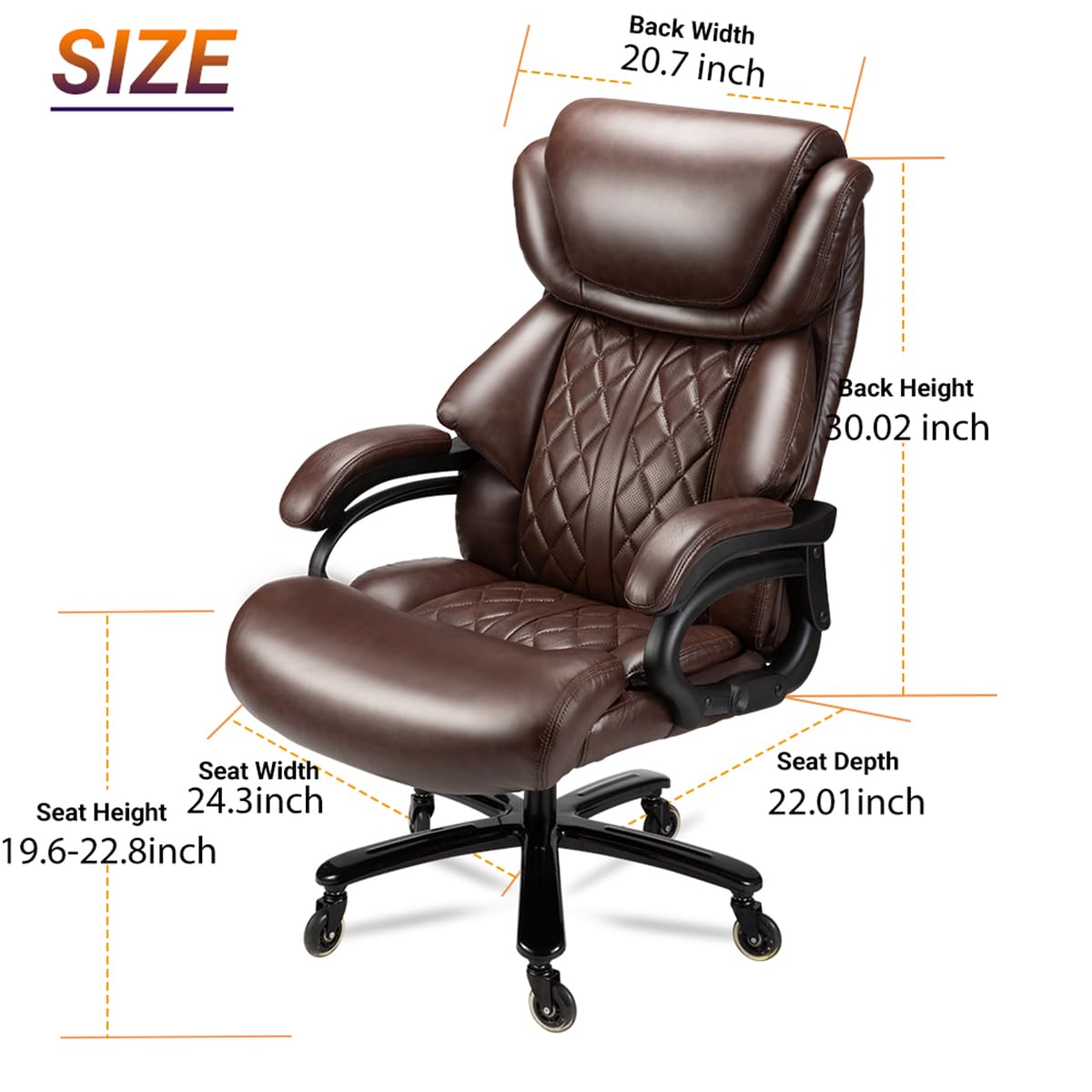 500lbs Heavy Duty Big and Tall Office Chair - Wide Spring Seat Executive Desk Chair with 360° Swivel & Reinforced Casters - Ergonomic Support for Home Office, Gaming, or Commercial Workspaces (Brown)