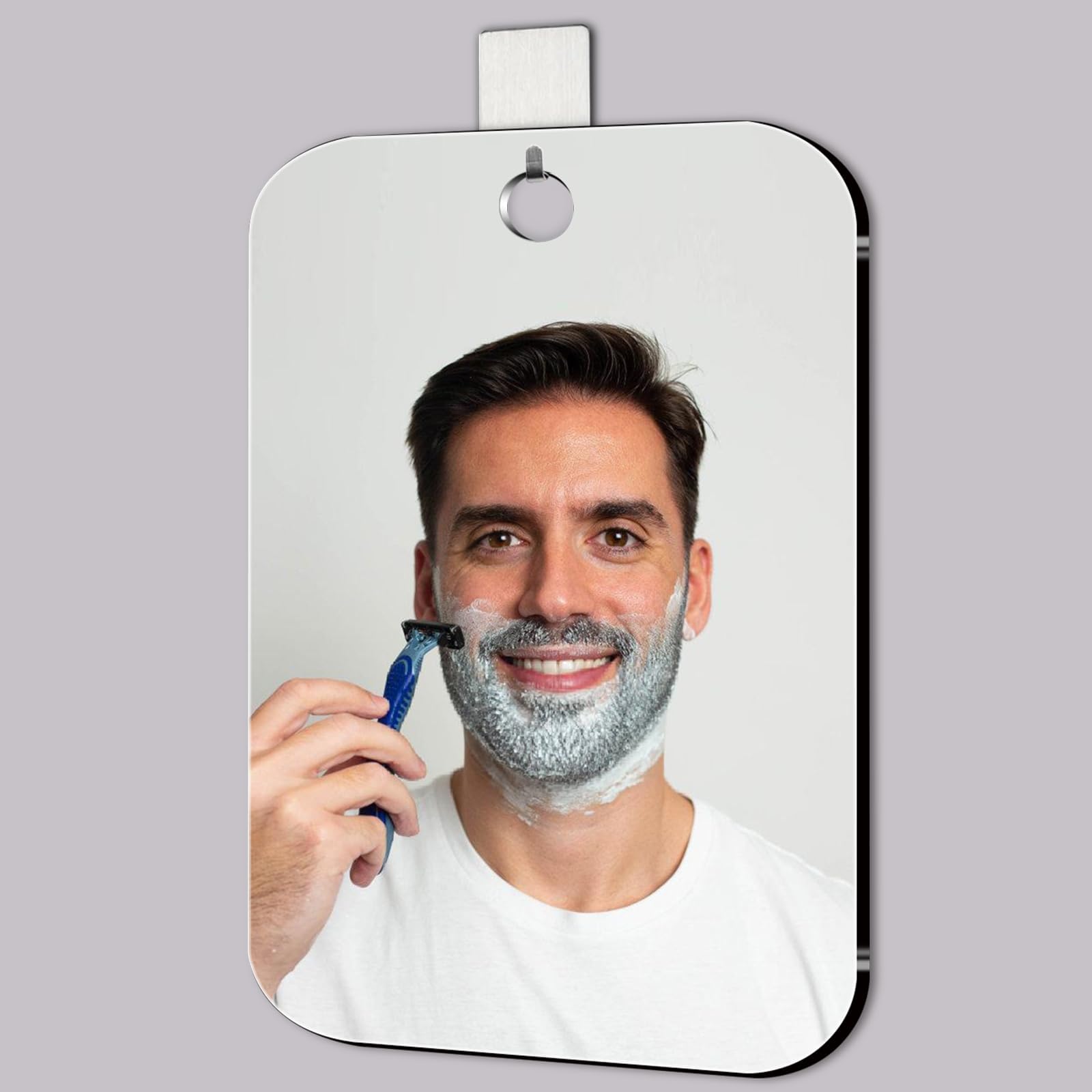 Unbreakable Shower Mirror for Shaving - 7.55x6 Inch Portable Shaving Mirror with Adhesive Mount | Fog-Resistant Bathroom Mirror for Men | Perfect for Travel, Camping & Home Use