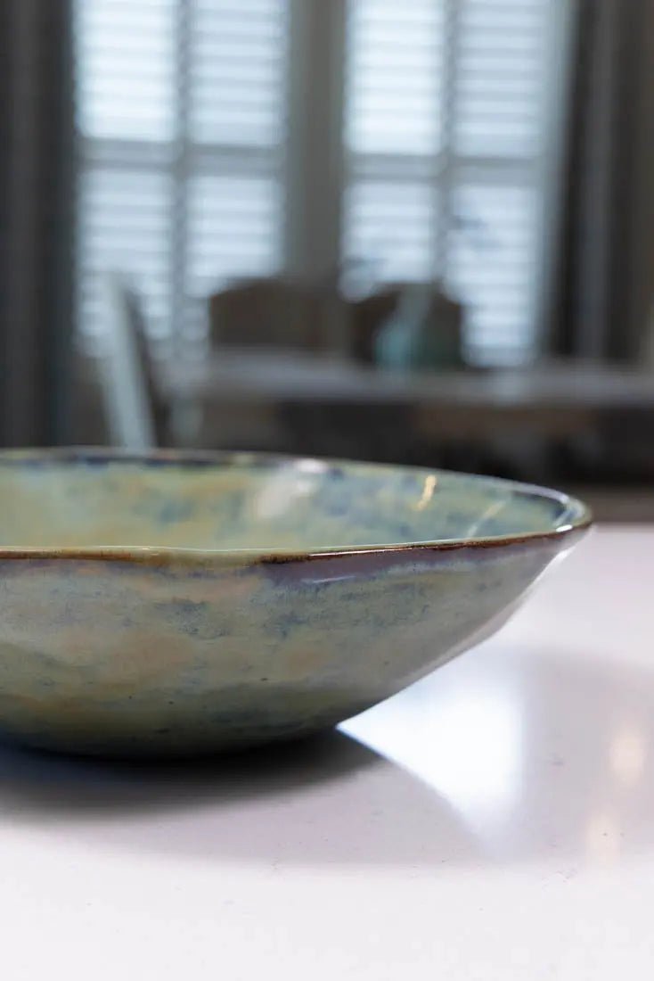 Medium Gray Stoneware Serving Bowl - Decorative Sage & Black Thumped Design - Big Bowl Series for Dining, Entertaining & Home Decor