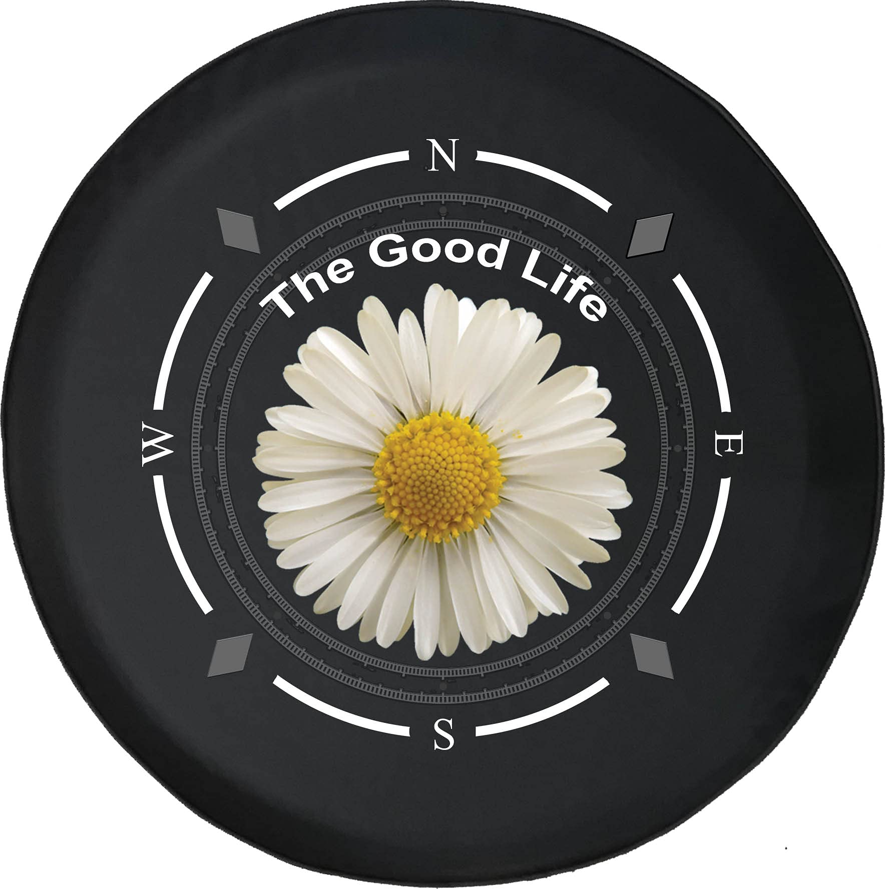 American Unlimited Spare Tire Cover with Compass Design - The Good Life White Daisy Flower Wheel Cover for SUV, Trailer, RV Accessories | Fits Most Vehicles | Perfect for Road Trips & Outdoor Adventures