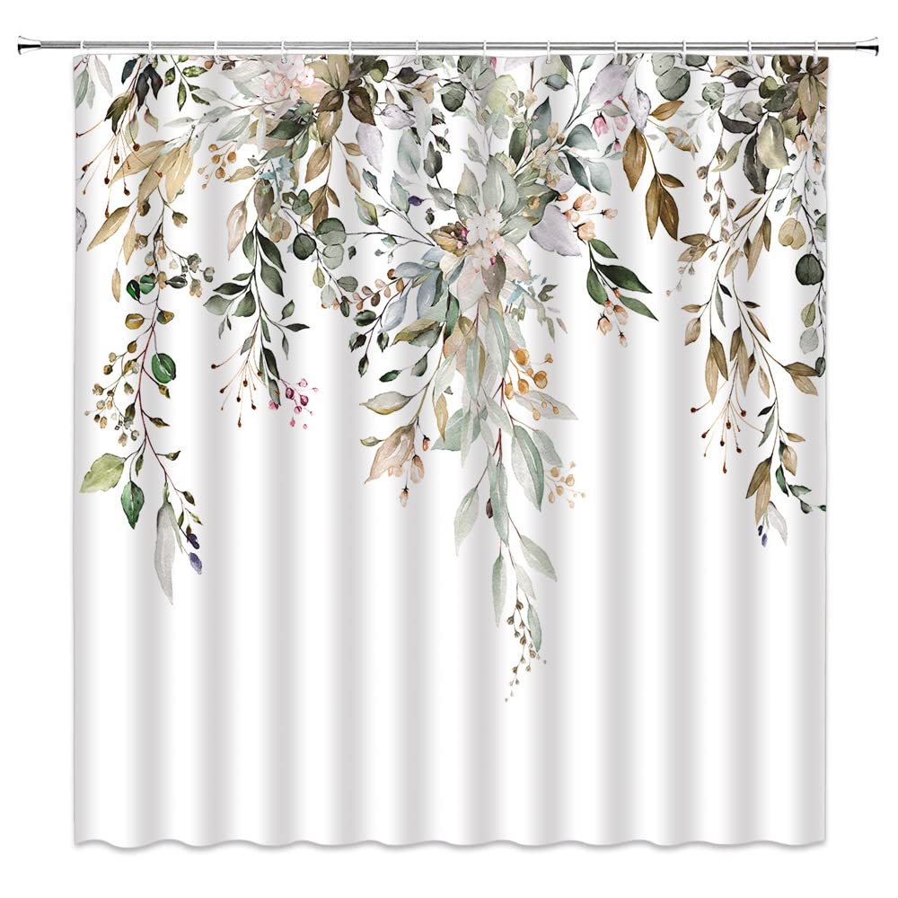 Watercolor Eucalyptus Leaf Shower Curtain - Botanical Succulent Plant Design with Hooks, Green Brown White Bathroom Decor for Modern & Nature-Inspired Homes | Perfect for Spring Refresh, Spa-Like Bathrooms & Bohemian Style Decor