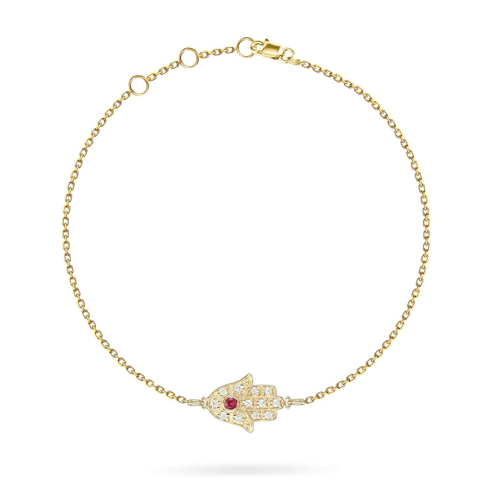 14K Gold Dainty Diamond Hamsa Bracelet - July Birthstone Ruby Charm - Spiritual Protection Jewelry - Perfect Gift for Women, Mom, Wife - Ideal for Everyday Wear, Meditation & Special Occasions