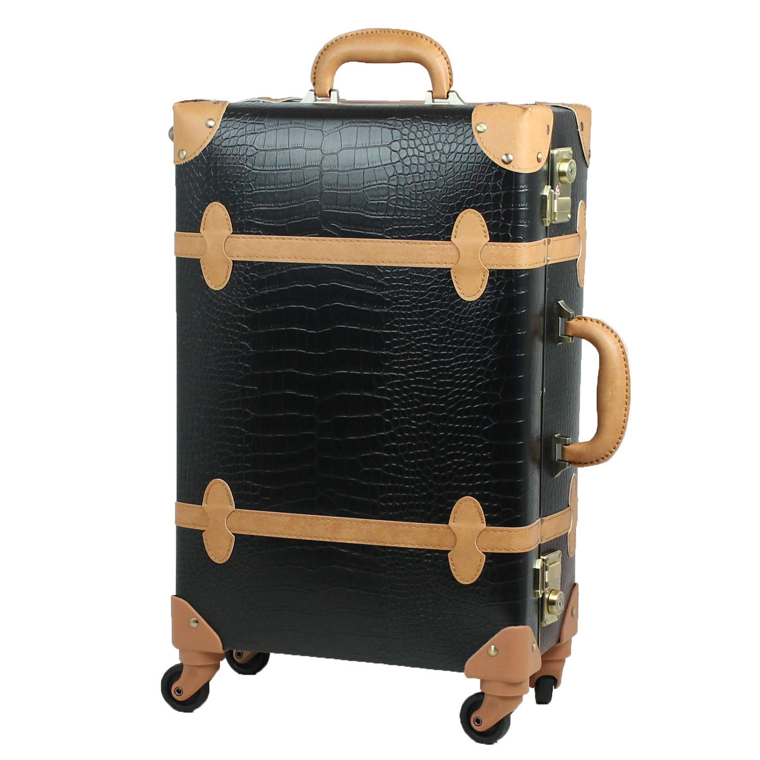 Vintage TSA Lock Suitcase - Small Crocodile Black & Beige Carry-On Luggage for Travel, Business Trips & Weekend Getaways