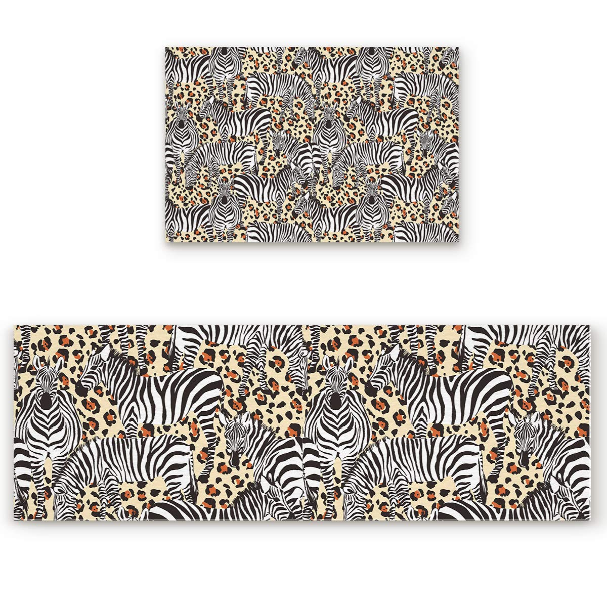 Animal Print Kitchen Mats Set - 2 Piece Cushioned Anti-Fatigue Floor Rugs, Non-Skid Washable Leopard & Zebra Design for Stylish Kitchen and Bathroom Décor