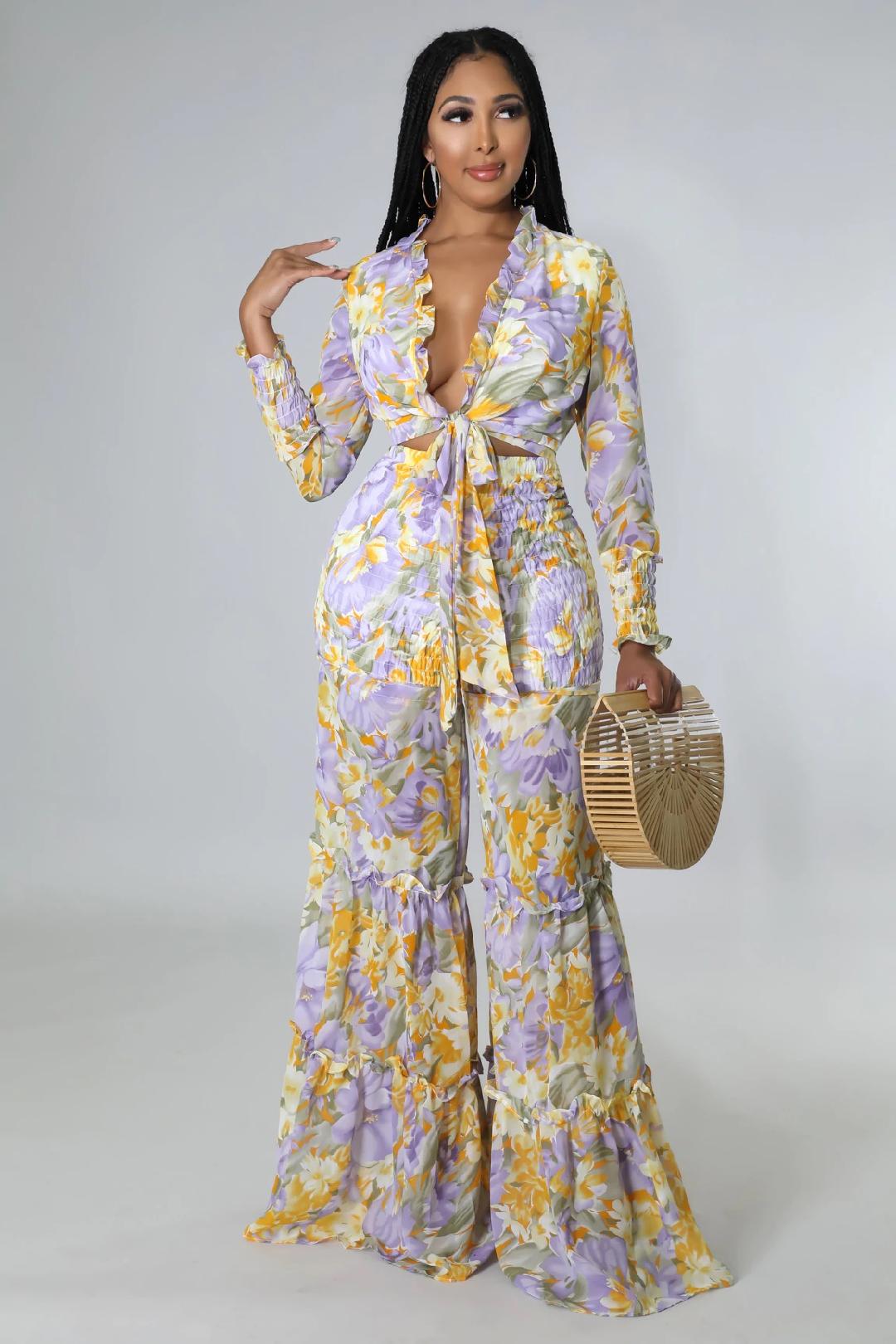 Spring Beauty Pant Set - Women's Floral Printed Lounge Pants & Top Comfy Outfit for Home, Yoga, and Casual Wear