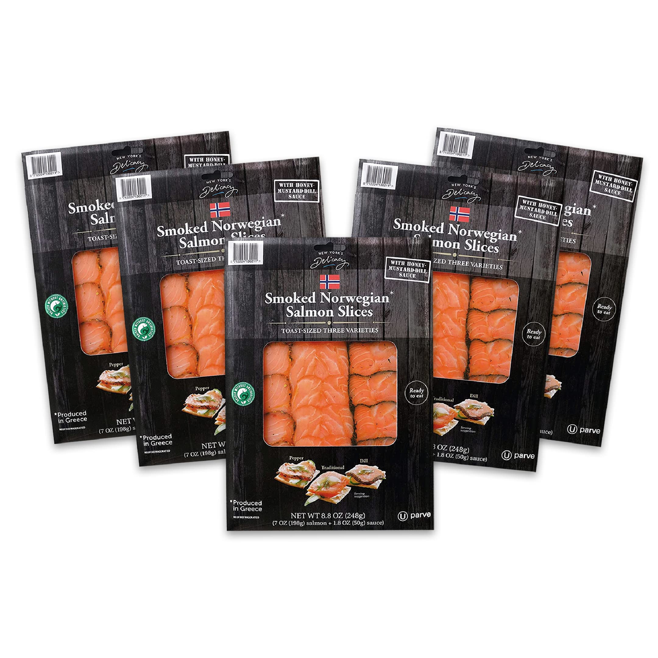Premium Smoked Norwegian Salmon - 5 Pack (7 Oz Each) - 3 Flavor Variety (Pepper, Traditional, Dill) with Honey Mustard Dill Sauce - Perfect for Breakfast Toast, Charcuterie Boards & Gourmet Gifts