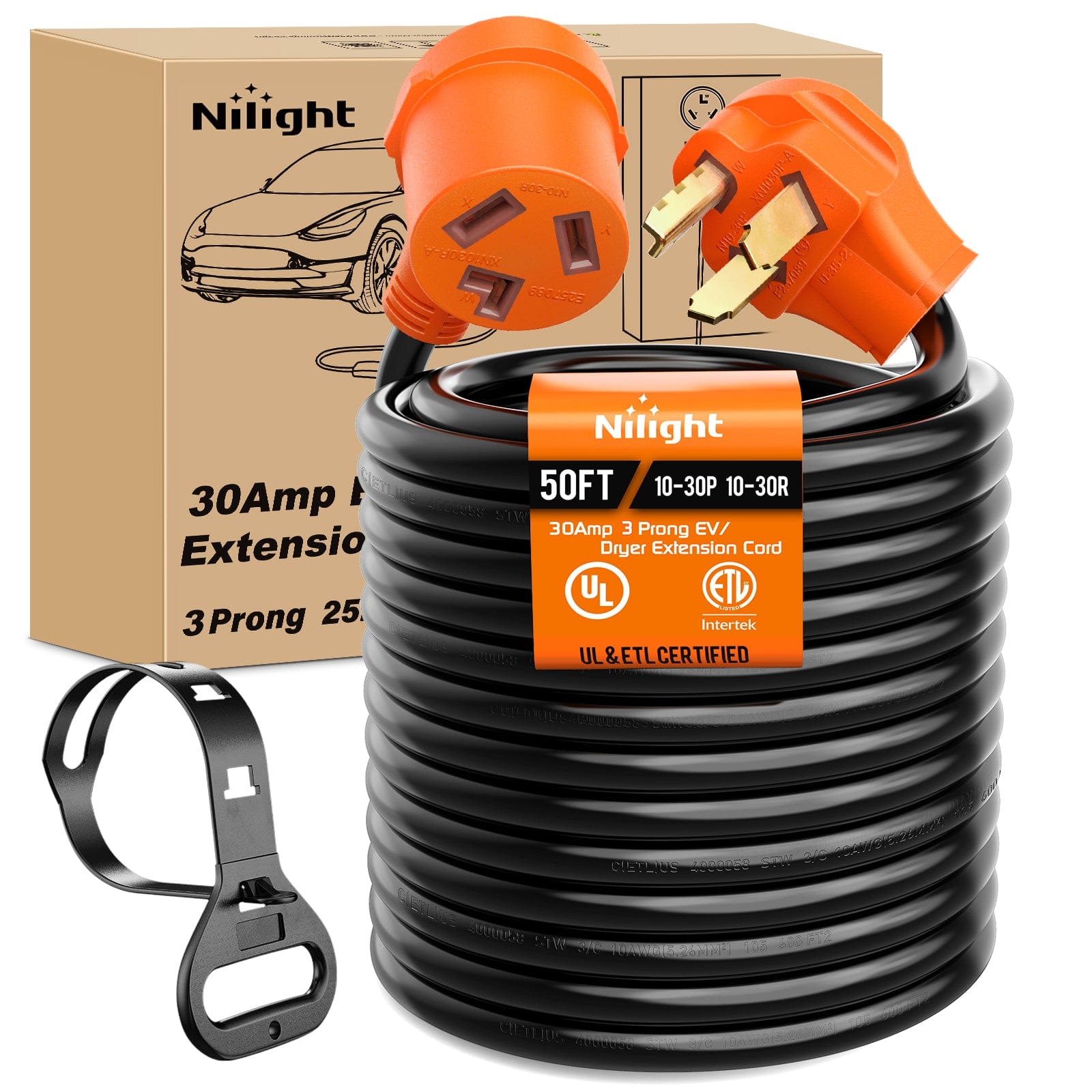 30 Amp 50FT 3 Prong EV Dryer Extension Cord - Heavy Duty NEMA 10-30P to 10-30R Electric Vehicle Charging Cable for Tesla, Chevy Volt & Home Appliances - Perfect for Garage, RV & Outdoor Charging