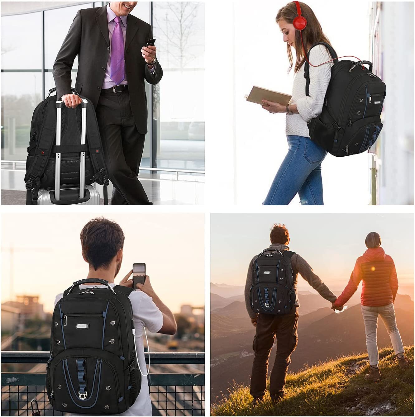 17.3 Inch Heavy Duty Travel Laptop Backpack with RFID Pockets, TSA Friendly Extra Large College Daypack, USB Charging Port, Stylish Laptop Bag for Men & Women, Blue - Perfect for Work, School, and Travel