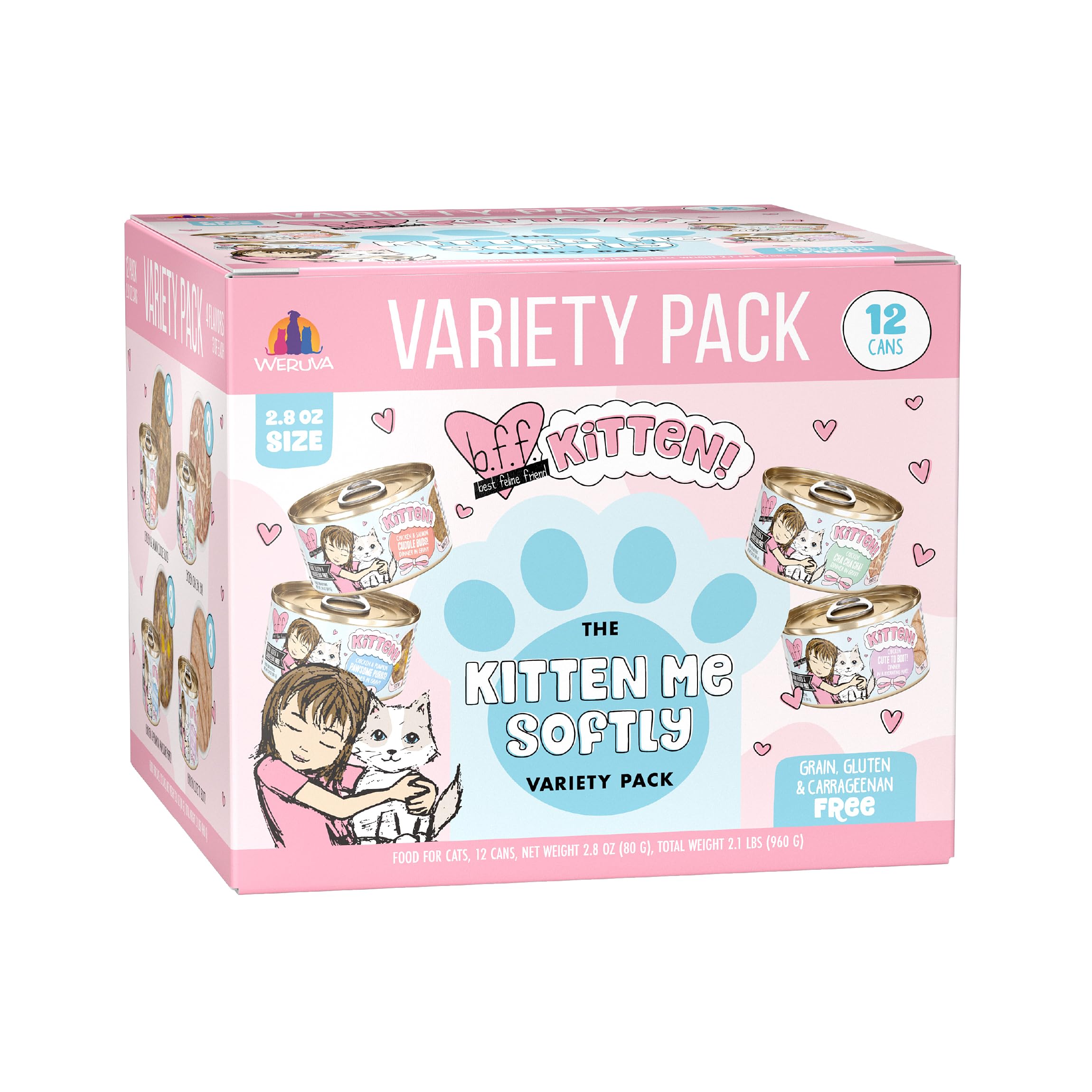 Weruva B.F.F. Kitten Me Softly Variety Pack - Grain-Free Wet Cat Food for Kittens, 2.8oz Cans (Pack of 12) - Perfect for Growing Kittens & Picky Eaters at Home