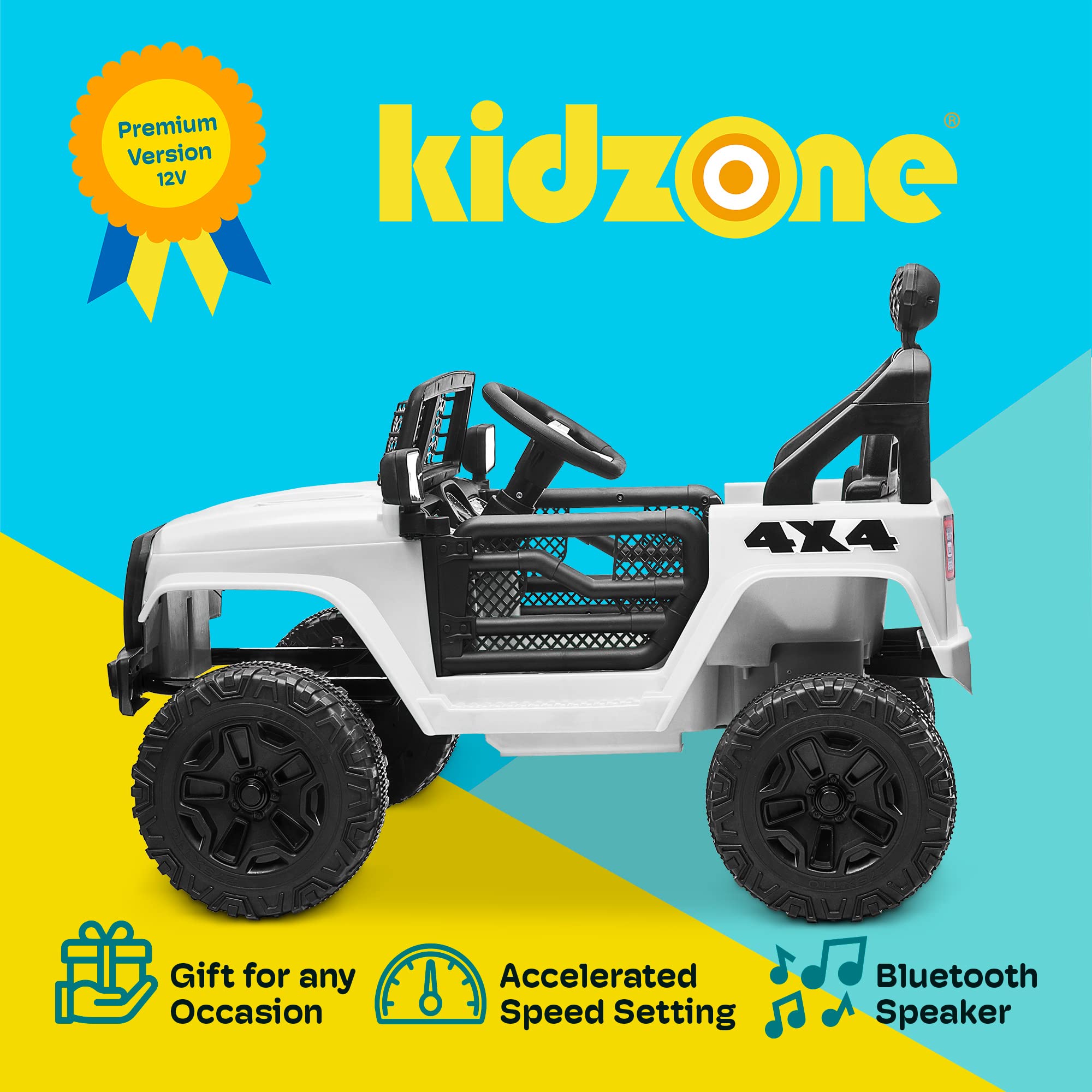 Kidzone 12V Battery Powered Ride On Truck - Electric Kids Car Toy with DIY License Plate, Parent Remote Control, MP3 Player, LED Lights & 2 Speed Modes - Perfect for Indoor & Outdoor Play (White)