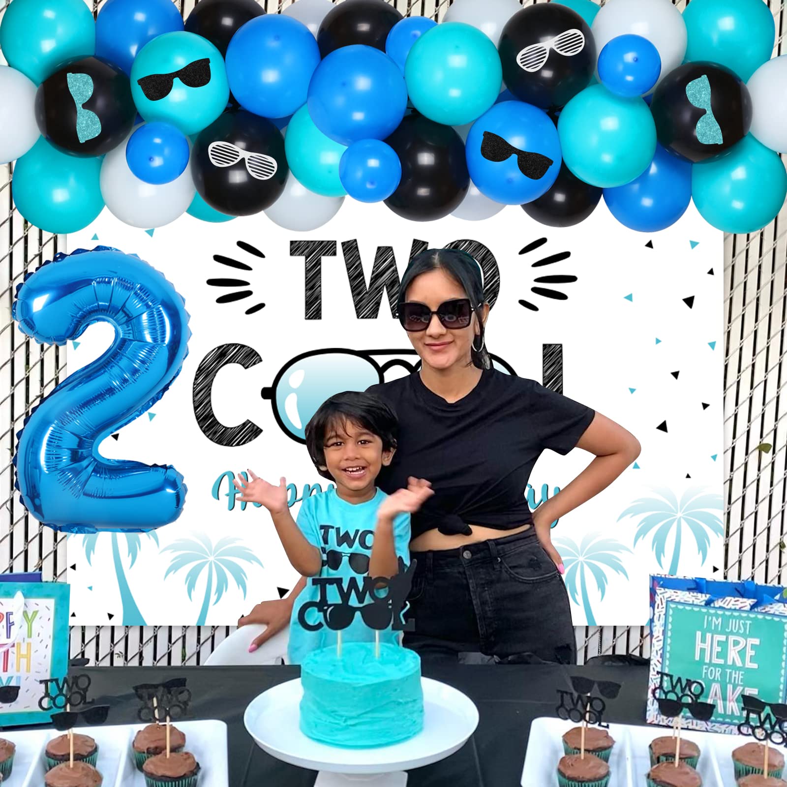 Two Cool 2nd Birthday Party Decorations for Boys - Balloon Garland Kit, Sunglasses Theme Backdrop & Number 2 Foil Balloons | Perfect for Toddler Birthday Celebrations, Photo Booth Backdrops and Themed Party Decor
