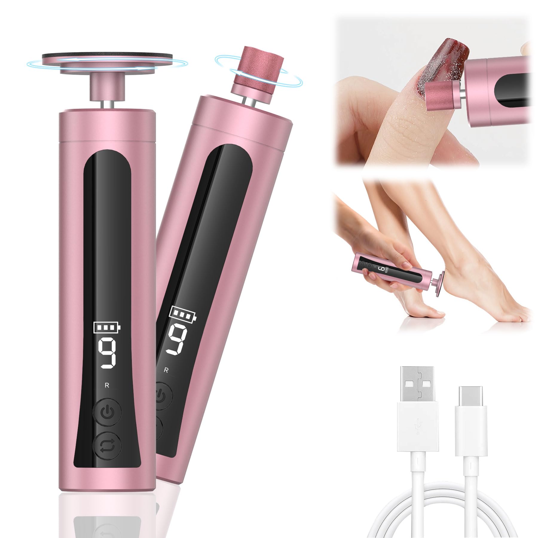 Electric Callus Remover for Feet - Rechargeable 9-Speed Adjustable Pedicure Tool with LED Display, 2-in-1 Foot File & Nail Polisher for Dry Dead Skin Removal (Rose Gold) - Perfect for At-Home Pedicures & Foot Care Routines