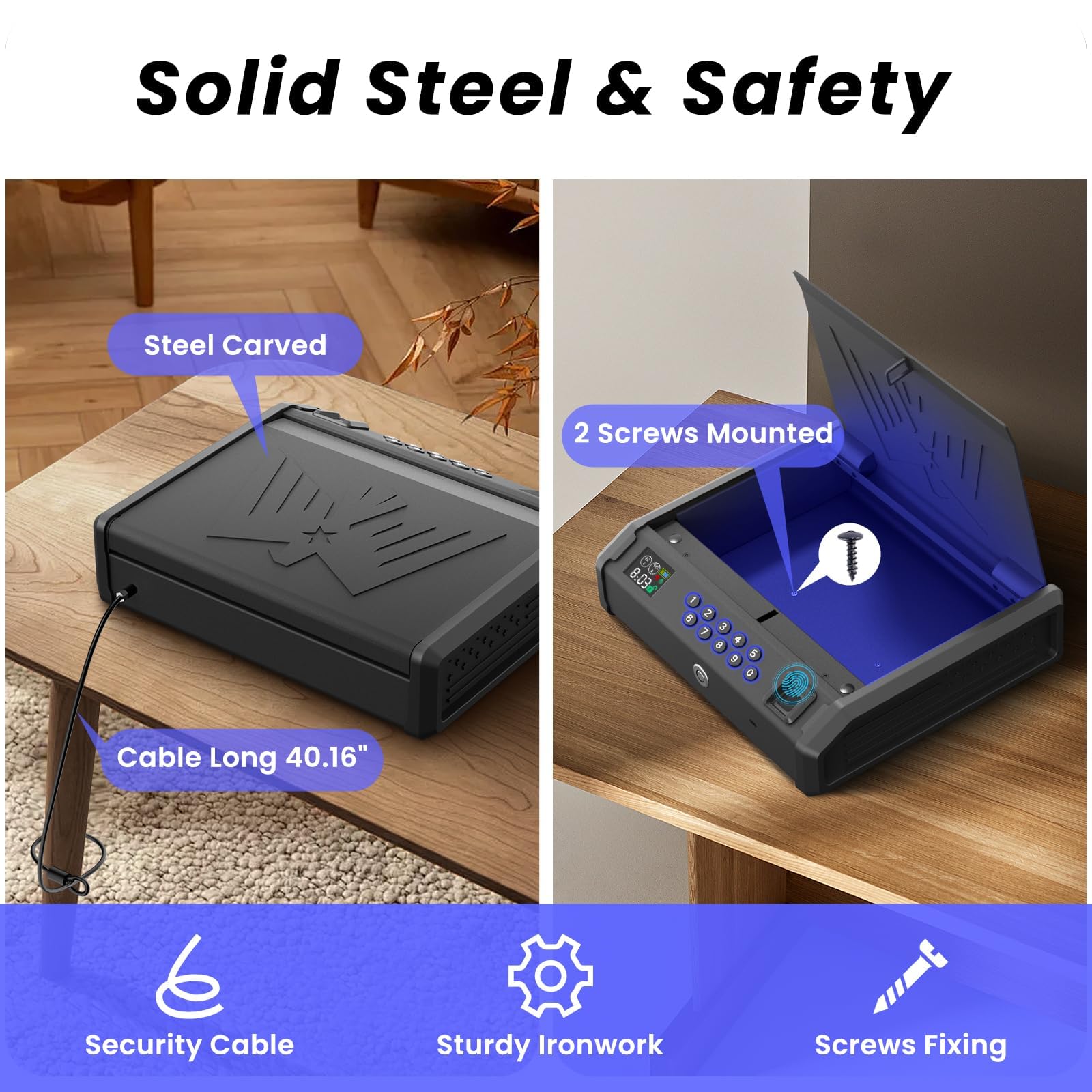 MOJOHAND Smart Gun Safe for Pistols - Biometric Fingerprint & Key Access, LCD Temperature & Humidity Display, 2 Gun Capacity - Perfect for Nightstand, Car, and Home Security