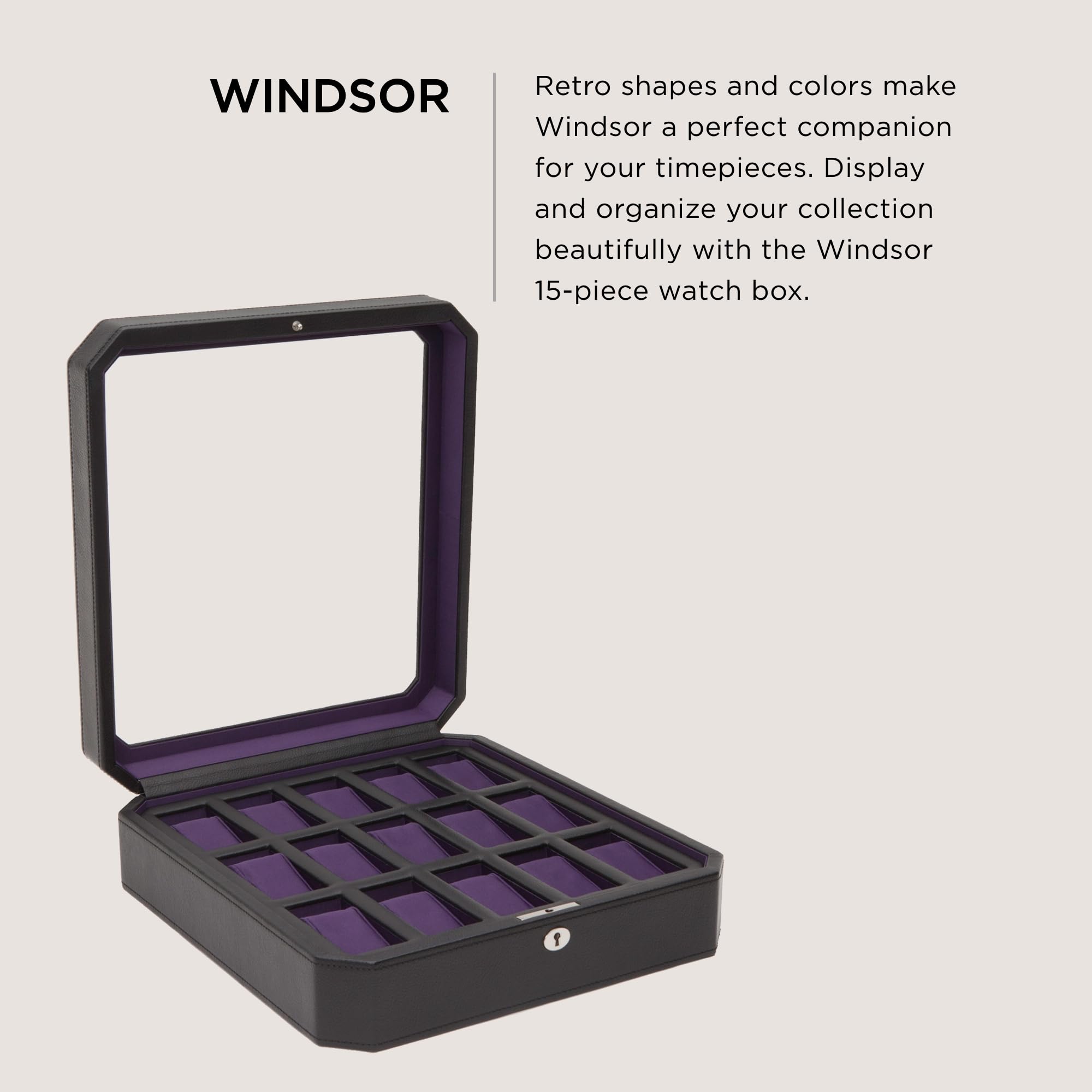 Premium WOLF Windsor 15-Piece Watch Box - Black/Purple Vegan Leather Watch Organizer with 15 Watch Compartments | Perfect for Watch Collectors, Jewelry Storage & Travel Accessories