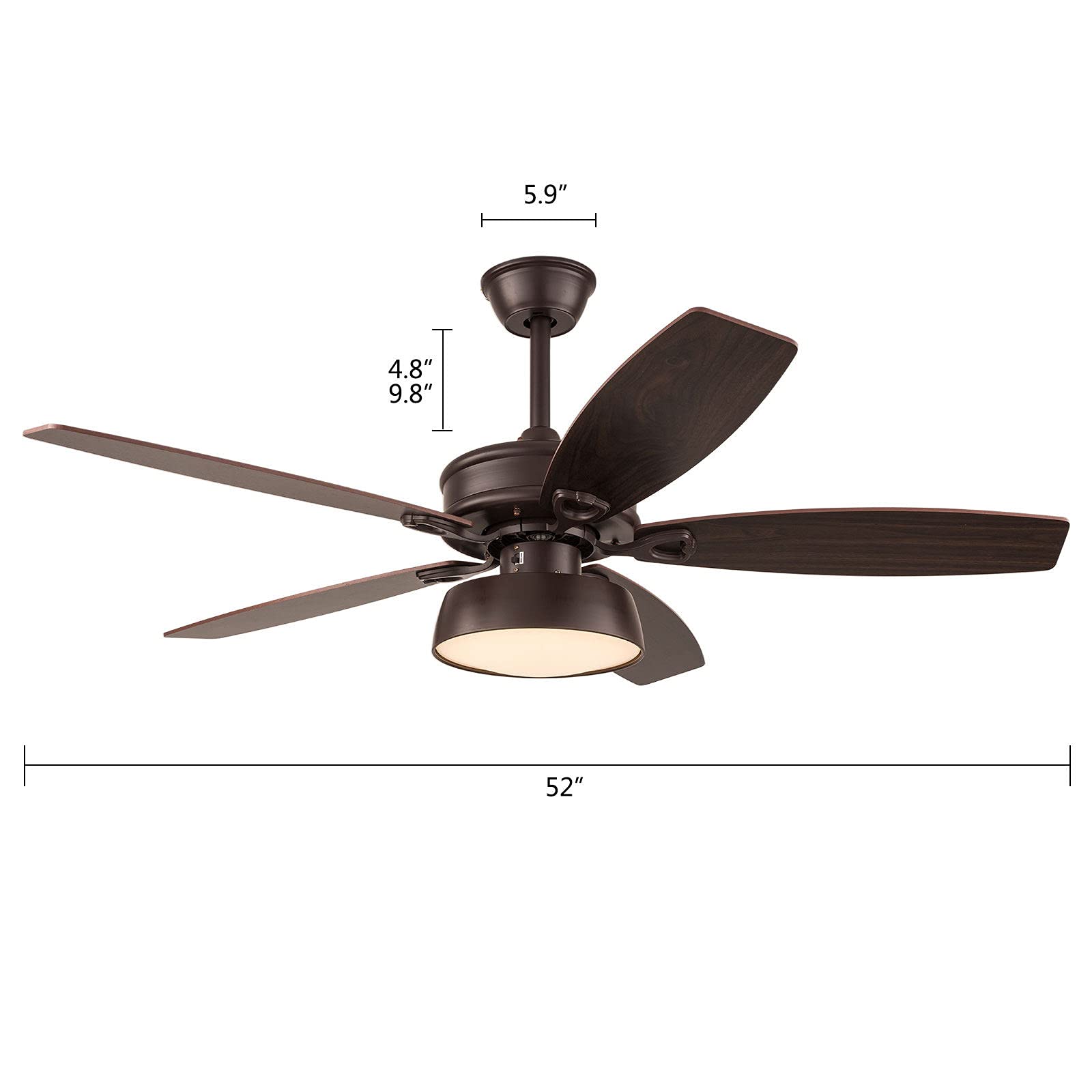 52 Inch Low Profile Ceiling Fan with Light Kit & Remote Control - 5 Reversible Blades, 3 Lights, 3 Speeds - Oil Rubbed Bronze Finish - Perfect for Bedroom, Living Room, Office & Indoor Spaces