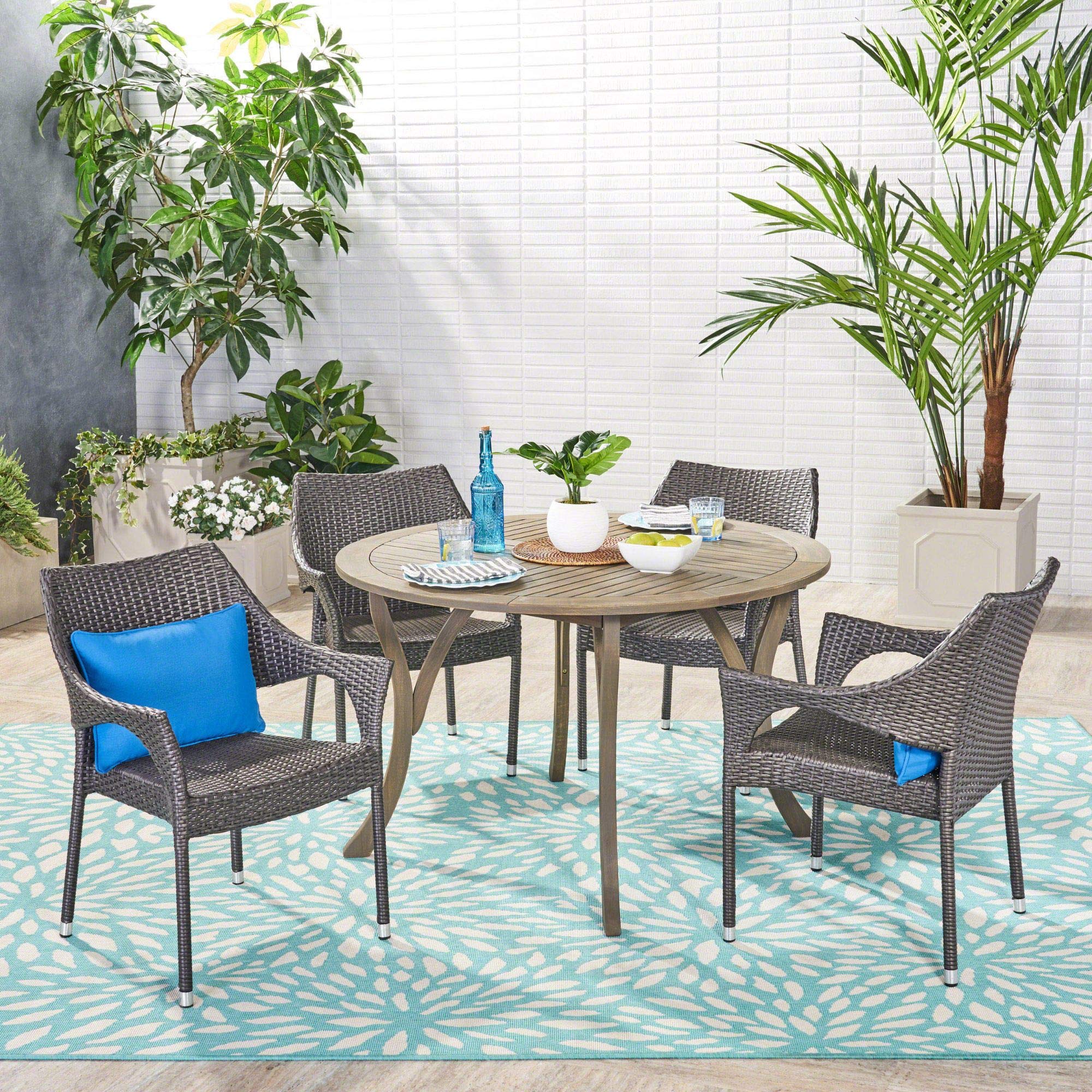 5-Piece Gray Traditional Wood & Wicker Outdoor Patio Dining Set - Durable Weather-Resistant Furniture for Backyard, Garden & Poolside Entertaining