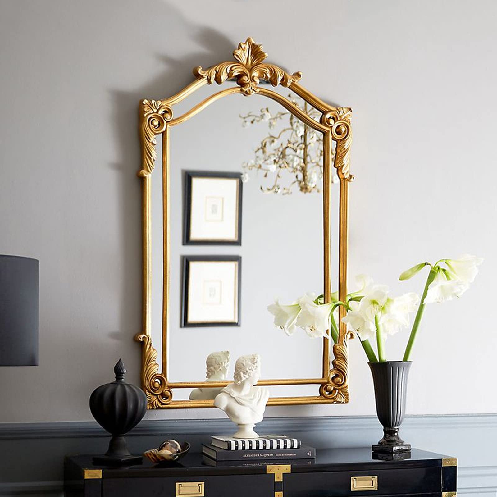 LIGUOYI Baroque Gold Rectangular Wall Mirror - Wood Frame Hanging Vanity Mirror for Bedroom, Living Room, Bathroom & Entryway Decor | American European Style Home Decoration | Perfect for Makeup, Dressing & Wall Decor