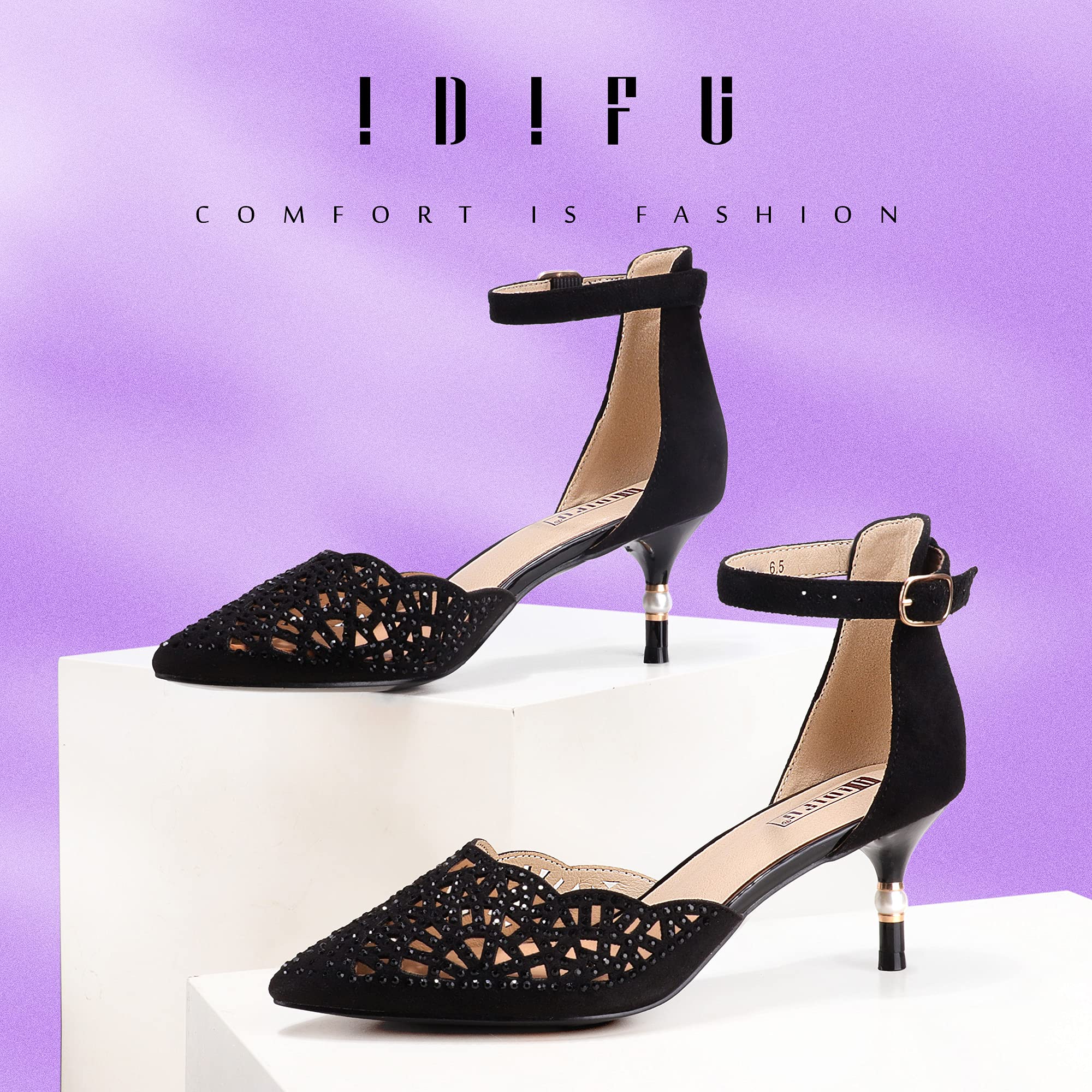 IDIFU Women's Rhinestone Sequins Kitten Heel Wedding Pumps - Elegant Low Heel Bridal Shoes for Bride, Evening Party & Special Occasions