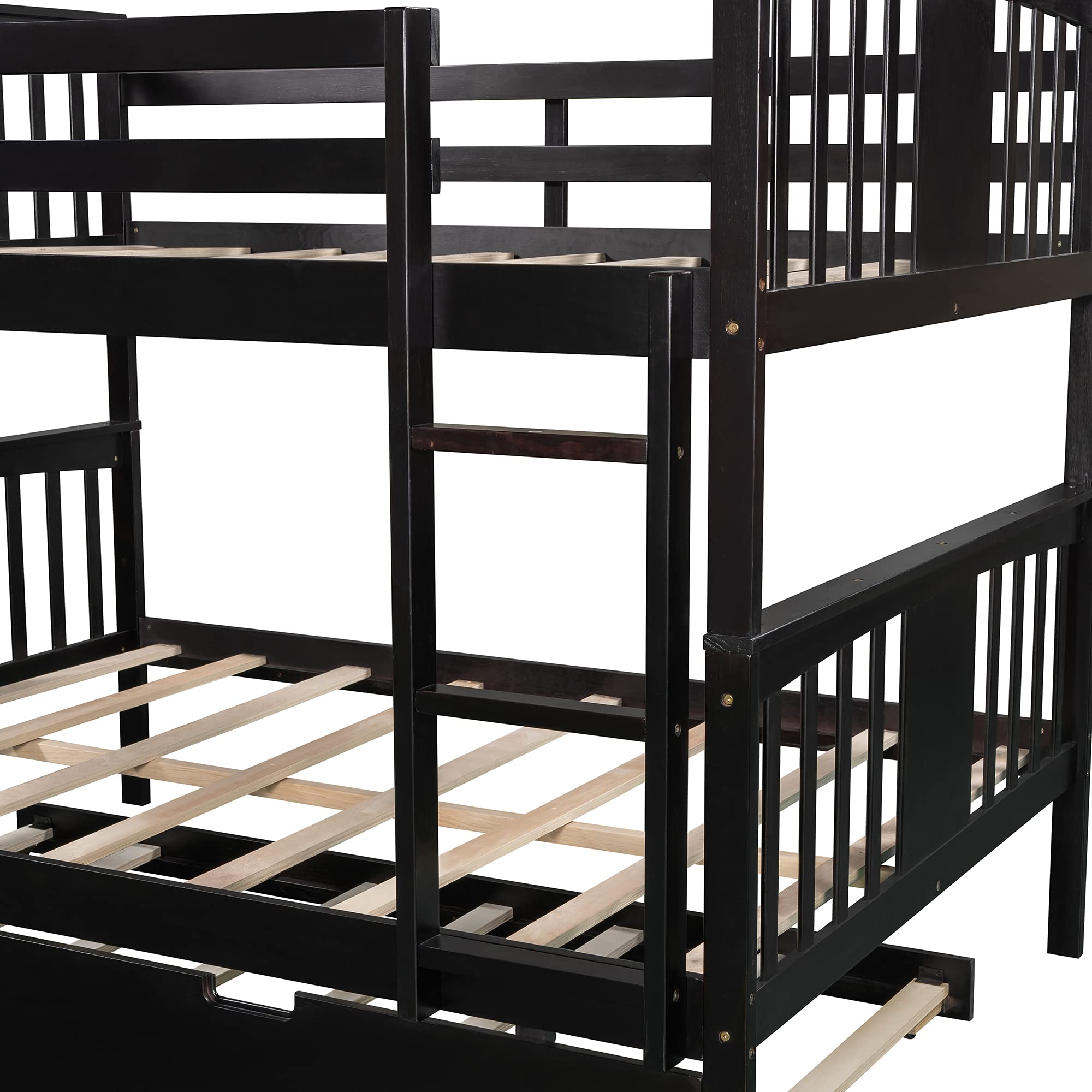 Full Over Full Bunk Bed with Twin Trundle - Solid Wood Bunk Bed Frame with Safety Guard Rails & Ladder for Kids, Teens & Adults - Converts to 2 Separate Beds - No Box Spring Needed - Espresso Finish - Perfect for Kids' Bedrooms, Guest Rooms & Small Spaces